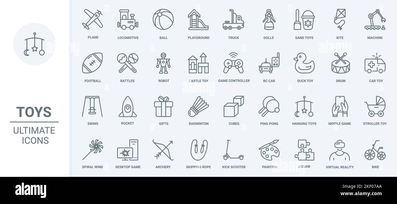 Giocattoli per bambini icone linea sottile impostare vettore illustrazione. Delineate il regalo per passeggino e sonaglino, app per dispositivi mobili e giochi per computer desktop, castello di sabbia e palla per giocare nel parco giochi, aquilone e altalena Illustrazione Vettoriale