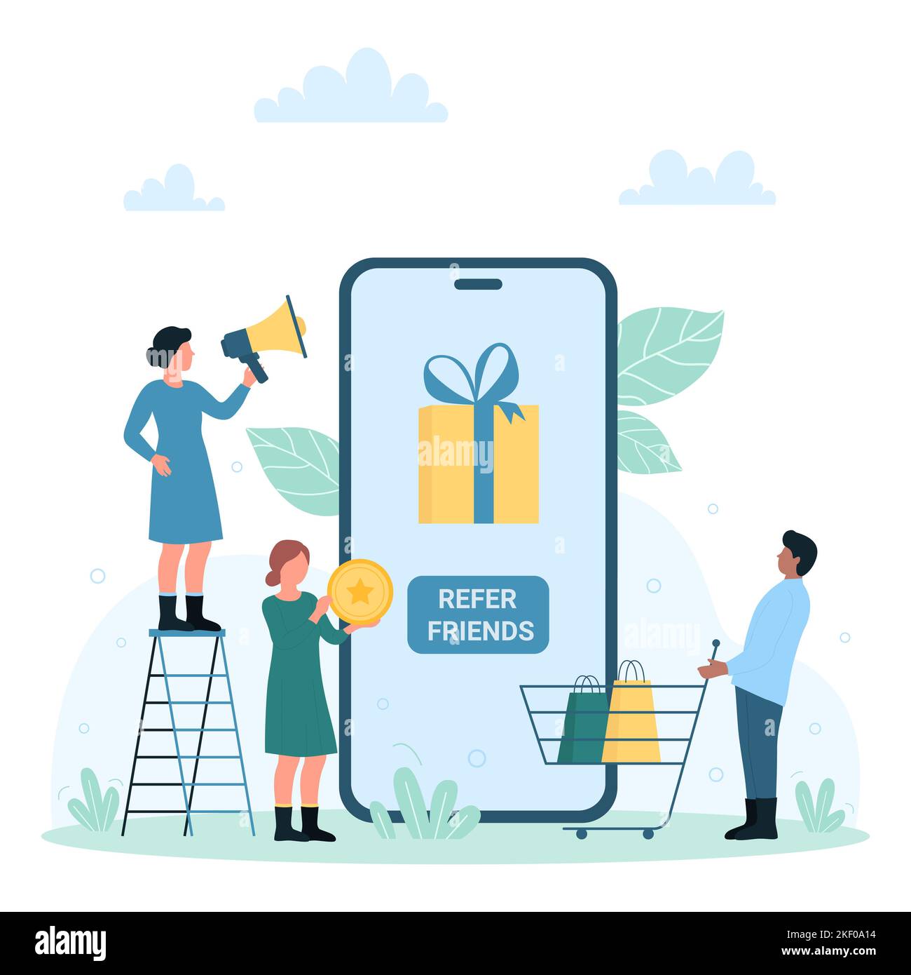 Programma di riferimento per i clienti, illustrazione del vettore pubblicitario. Cartoon le persone più piccole fanno riferimento, tag e invitano gli amici a seguire i social media, condividere premi e bonus sullo schermo del telefono cellulare Illustrazione Vettoriale