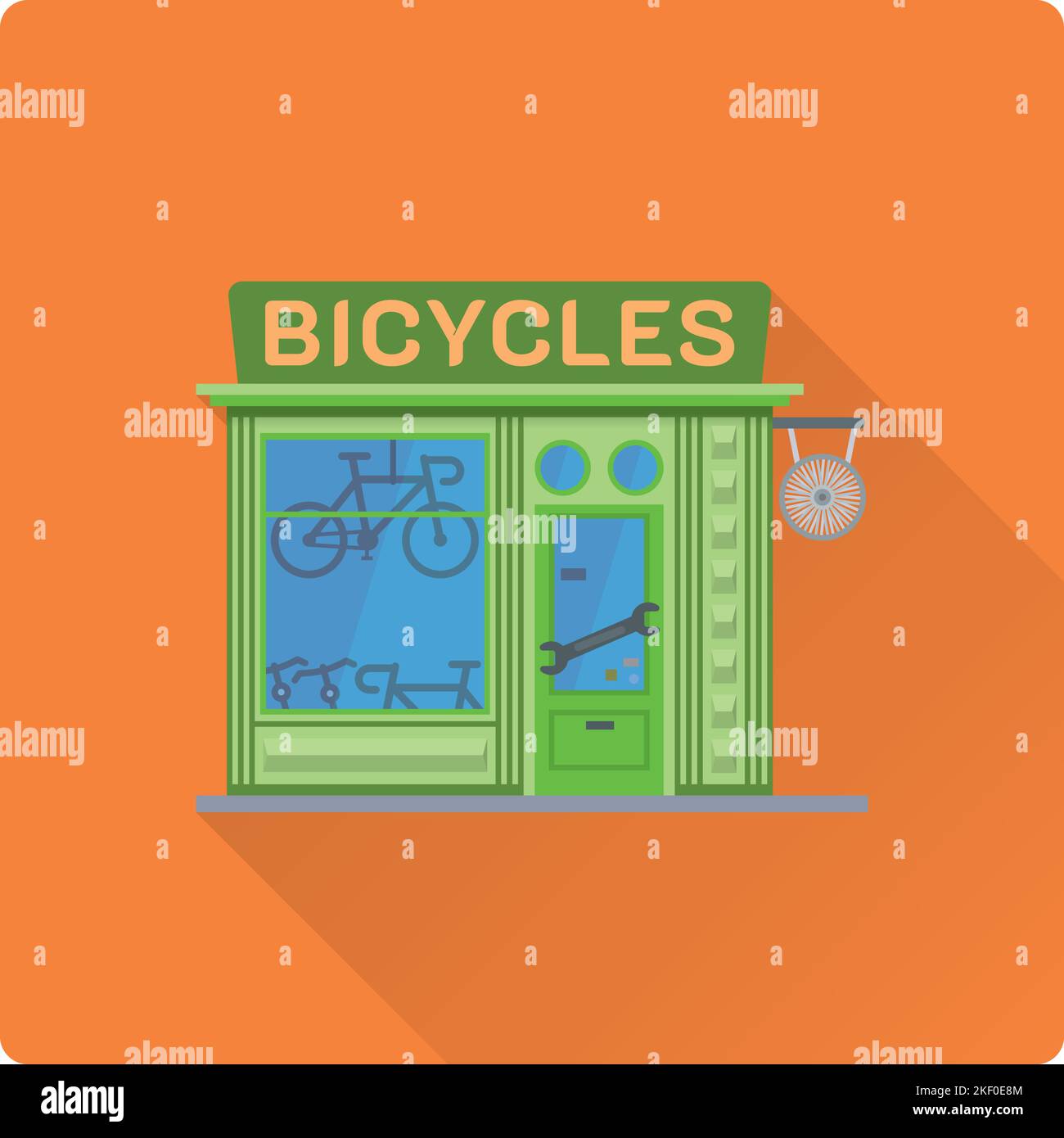 Negozio di biciclette a forma di lon shadow dal design piatto. Illustrazione carino del vettore della costruzione del deposito della bici Illustrazione Vettoriale
