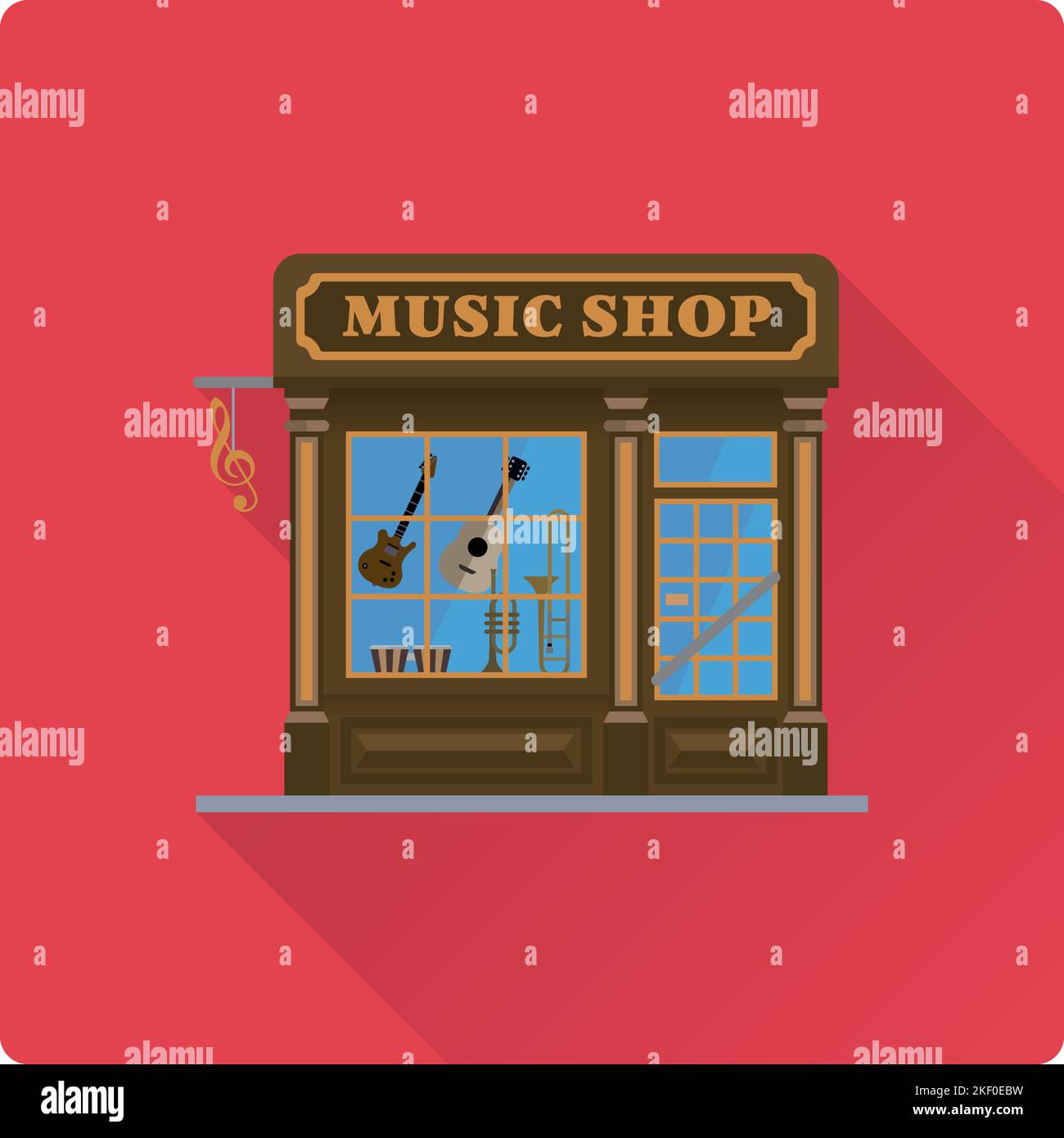 Design piatto lunga ombra negozio di musica edificio vettore illustrazione, negozio facciata con strumento musicale nella finestra. Illustrazione Vettoriale