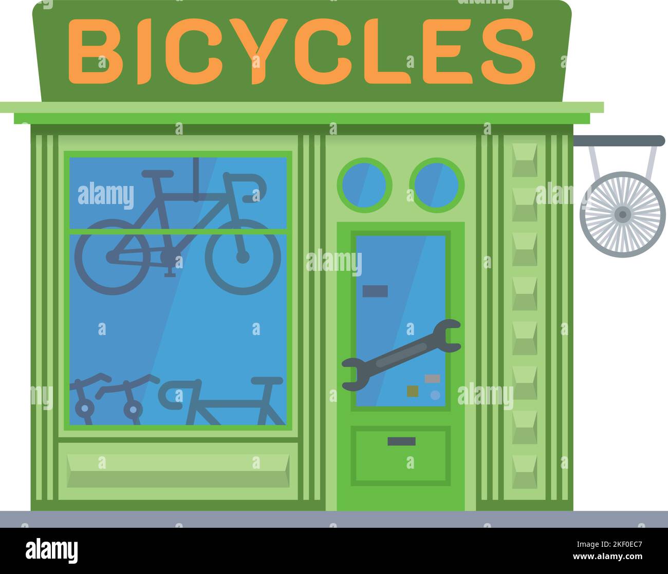 Negozio di biciclette isolato dal design piatto. Illustrazione carino del vettore della costruzione del deposito della bici Illustrazione Vettoriale