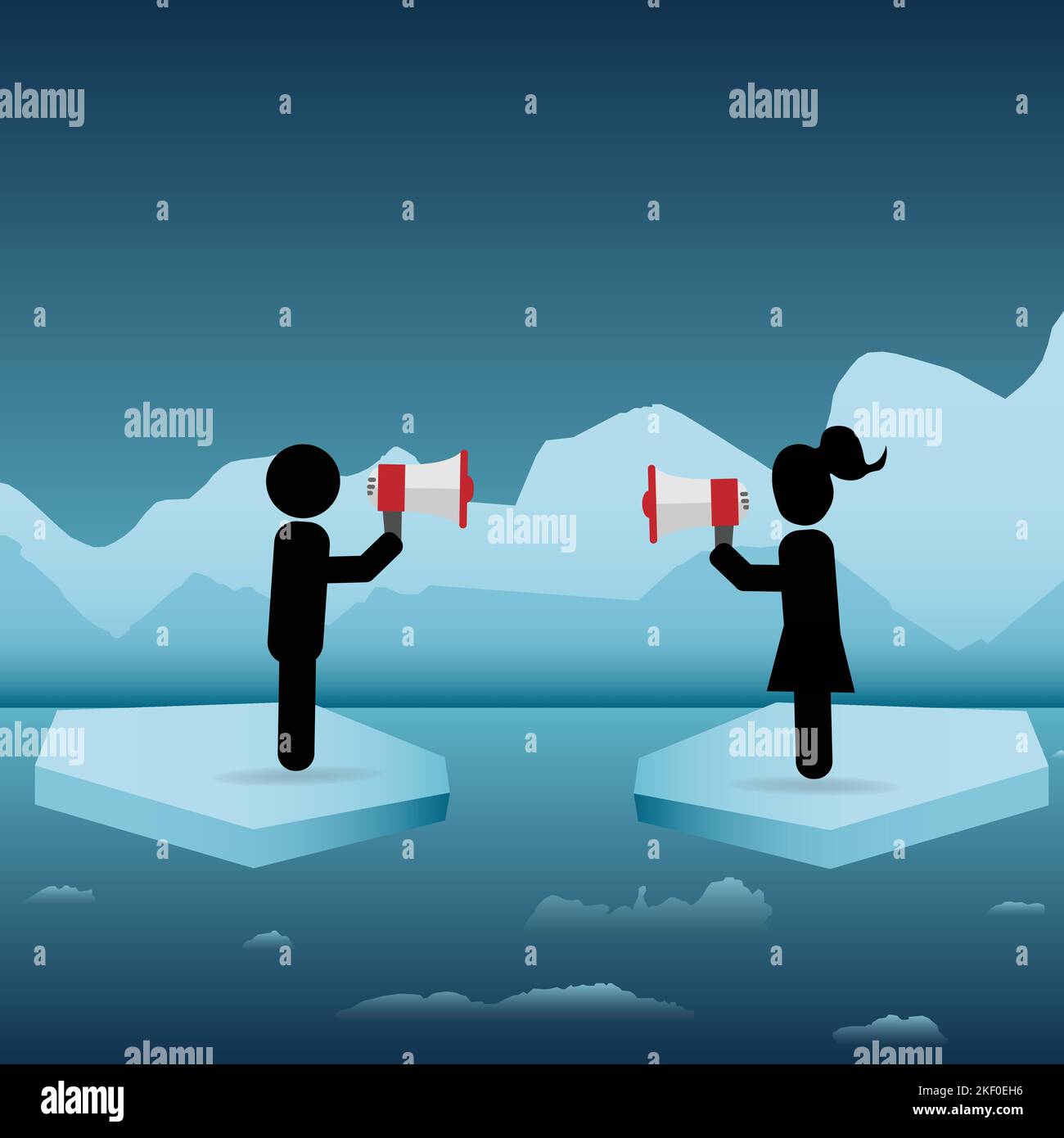 Uomo e donna in piedi sul ghiaccio e gridando in megafone l'uno all'altro Illustrazione Vettoriale