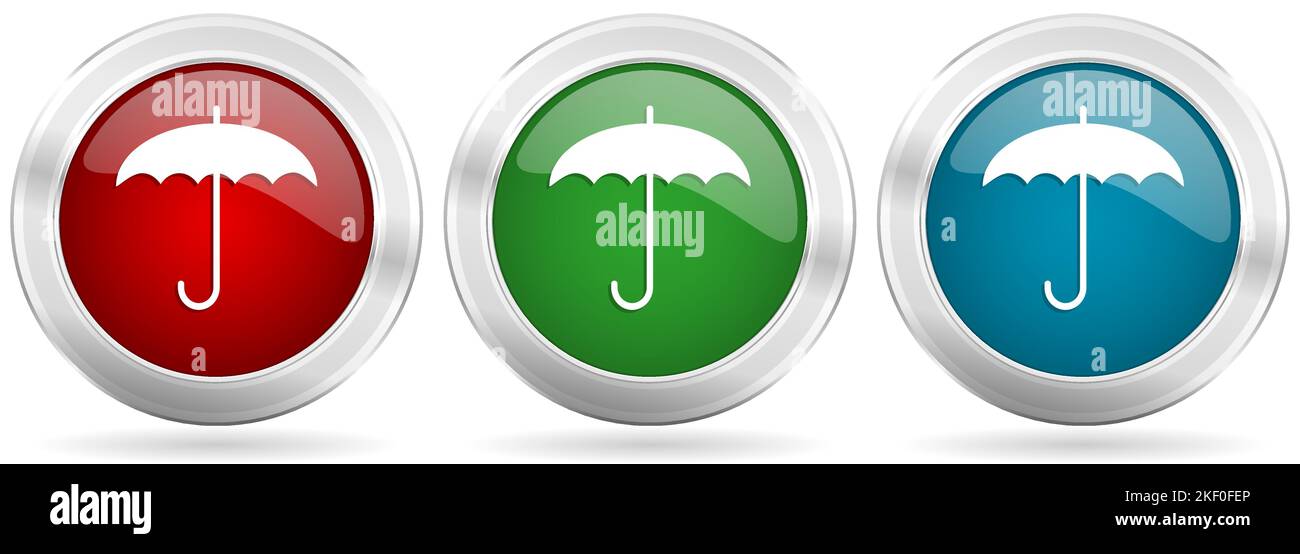 Set di icone del vettore ombrello. Pulsanti Web metallici in argento rosso, blu e verde con bordo cromato Illustrazione Vettoriale