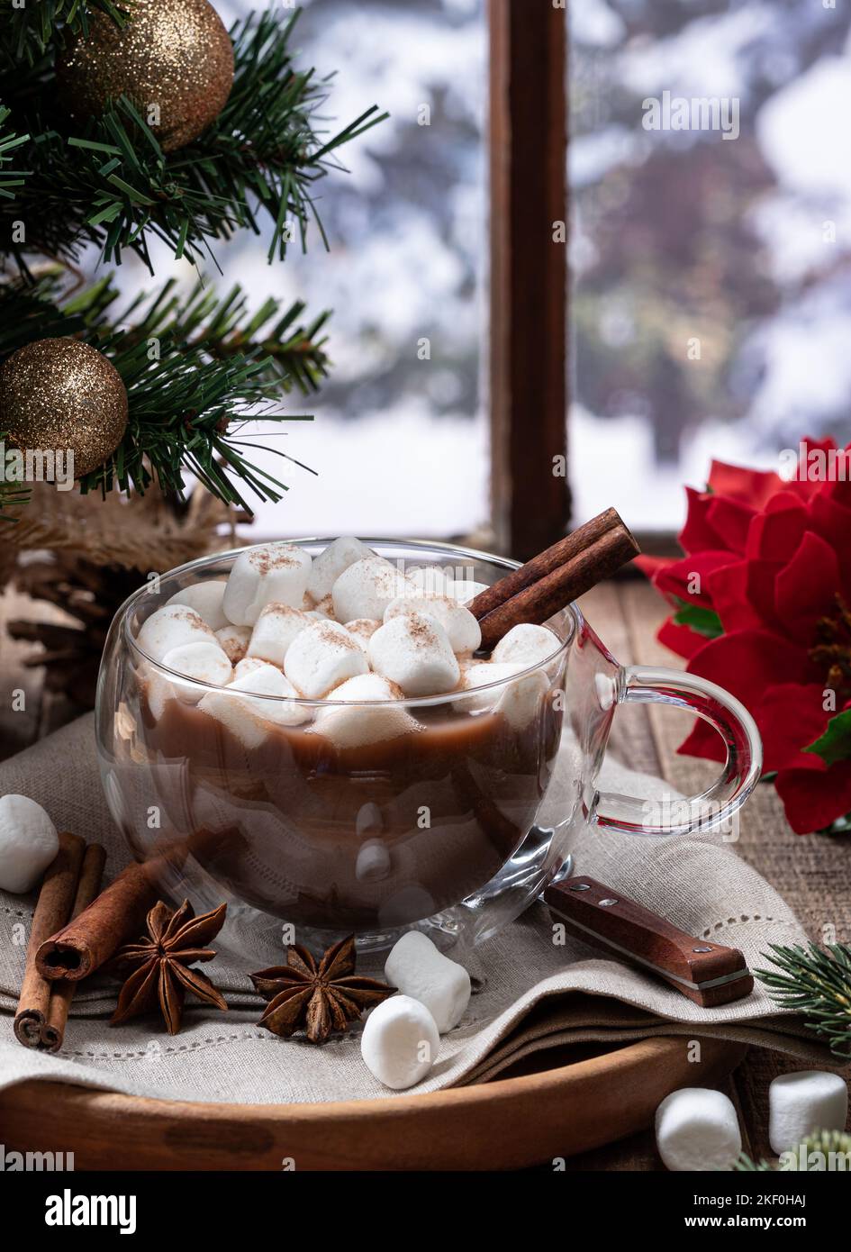 Tazza di cioccolata calda con marshmallow e cannella con decorazioni natalizie su un tavolo di legno accanto ad una finestra con sfondo invernale Foto Stock
