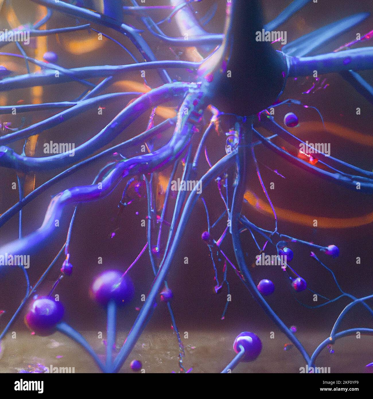 La trasmissione sinaptica è il processo mediante il quale un neurone comunica con un altro. Informazioni, assoni e impulsi elettrici. Connessione, neurone Foto Stock