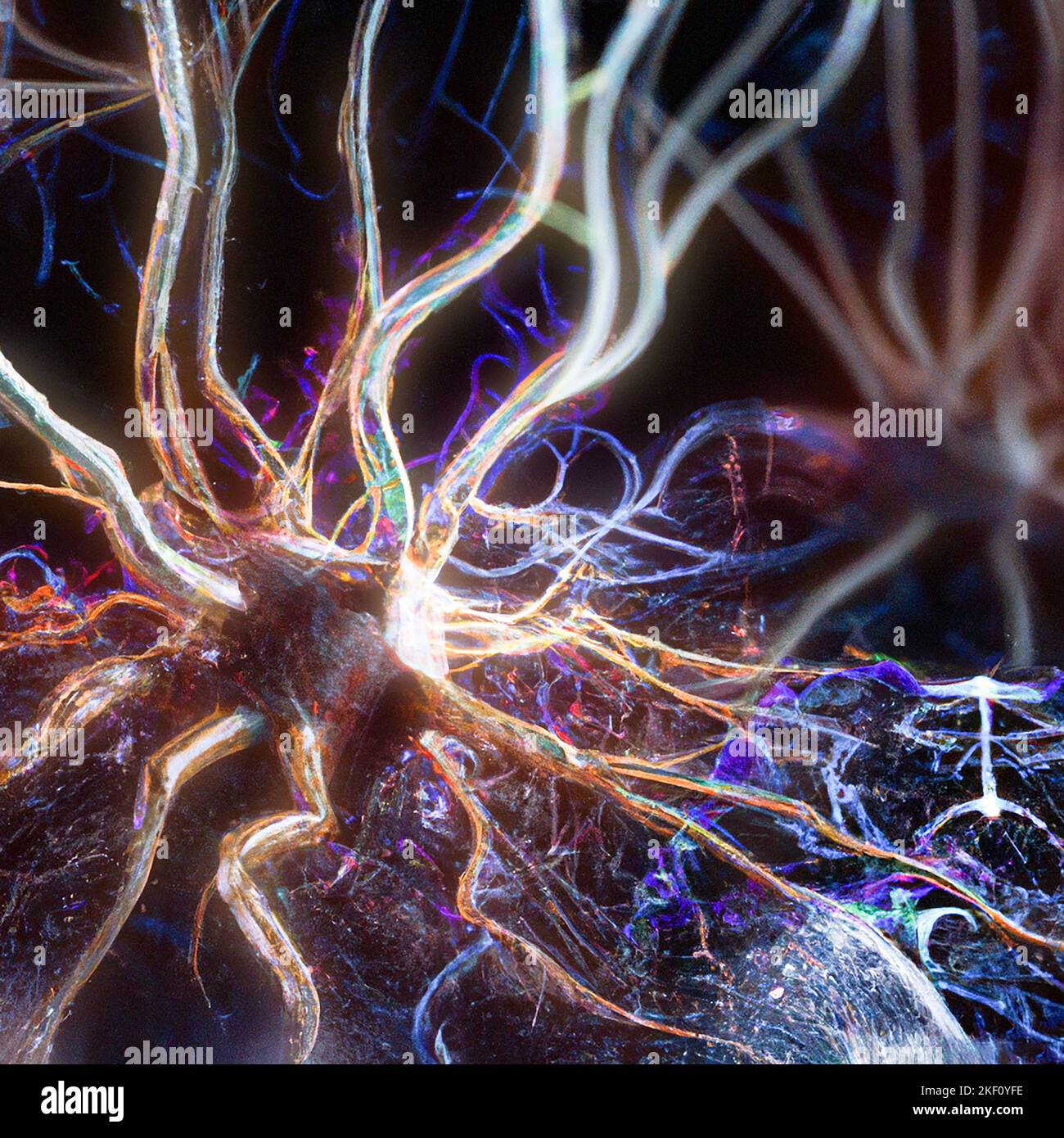 La trasmissione sinaptica è il processo mediante il quale un neurone comunica con un altro. Informazioni, assoni e impulsi elettrici. Connessione, neurone Foto Stock