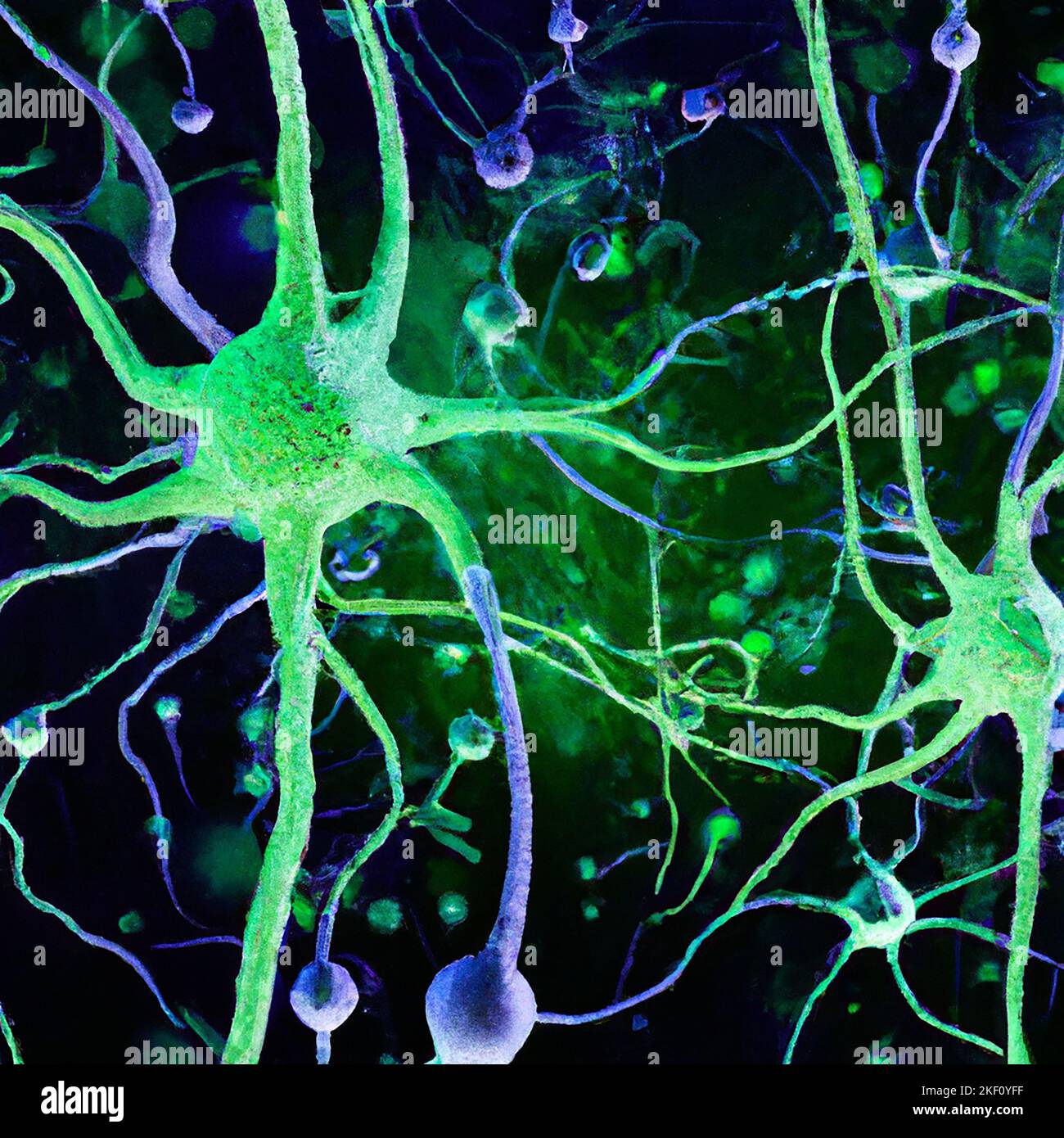 La trasmissione sinaptica è il processo mediante il quale un neurone comunica con un altro. Informazioni, assoni e impulsi elettrici. Connessione, neurone Foto Stock