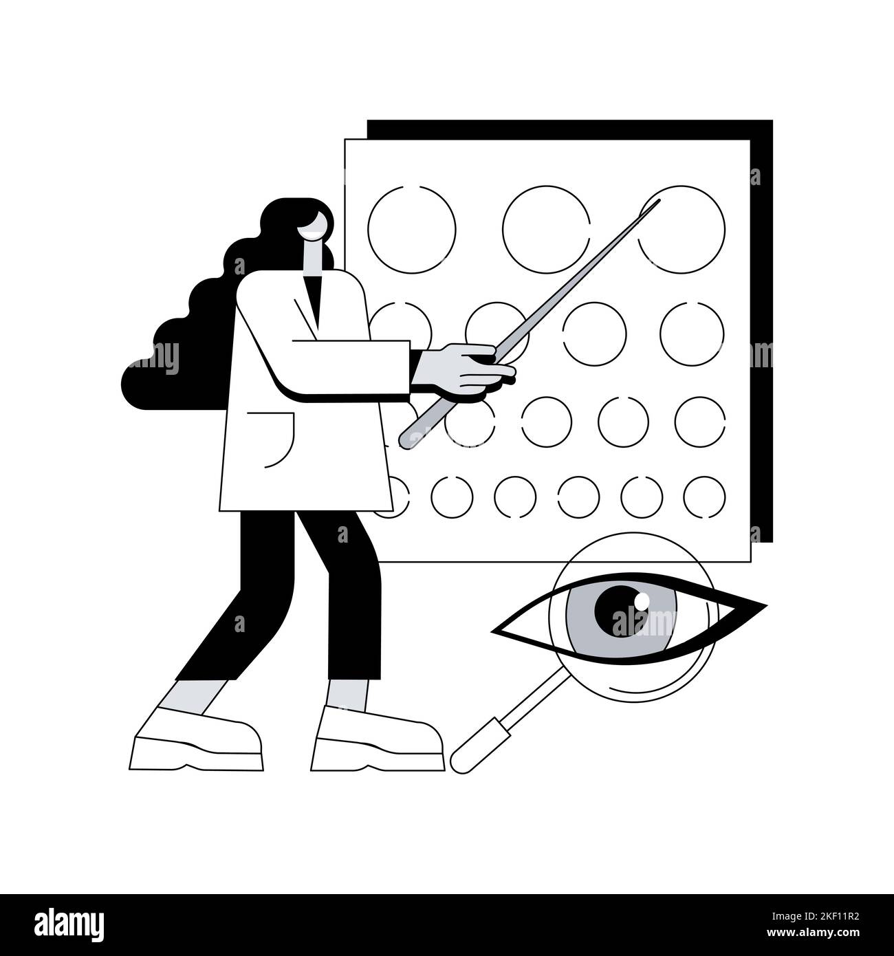Visione screening concetto astratto illustrazione vettoriale. Servizio di test visivo, prescrizione di occhiali, diagnostica disturbi oculari, test di acuità, cure primarie a scuola, esame pediatrico metafora astratta. Illustrazione Vettoriale