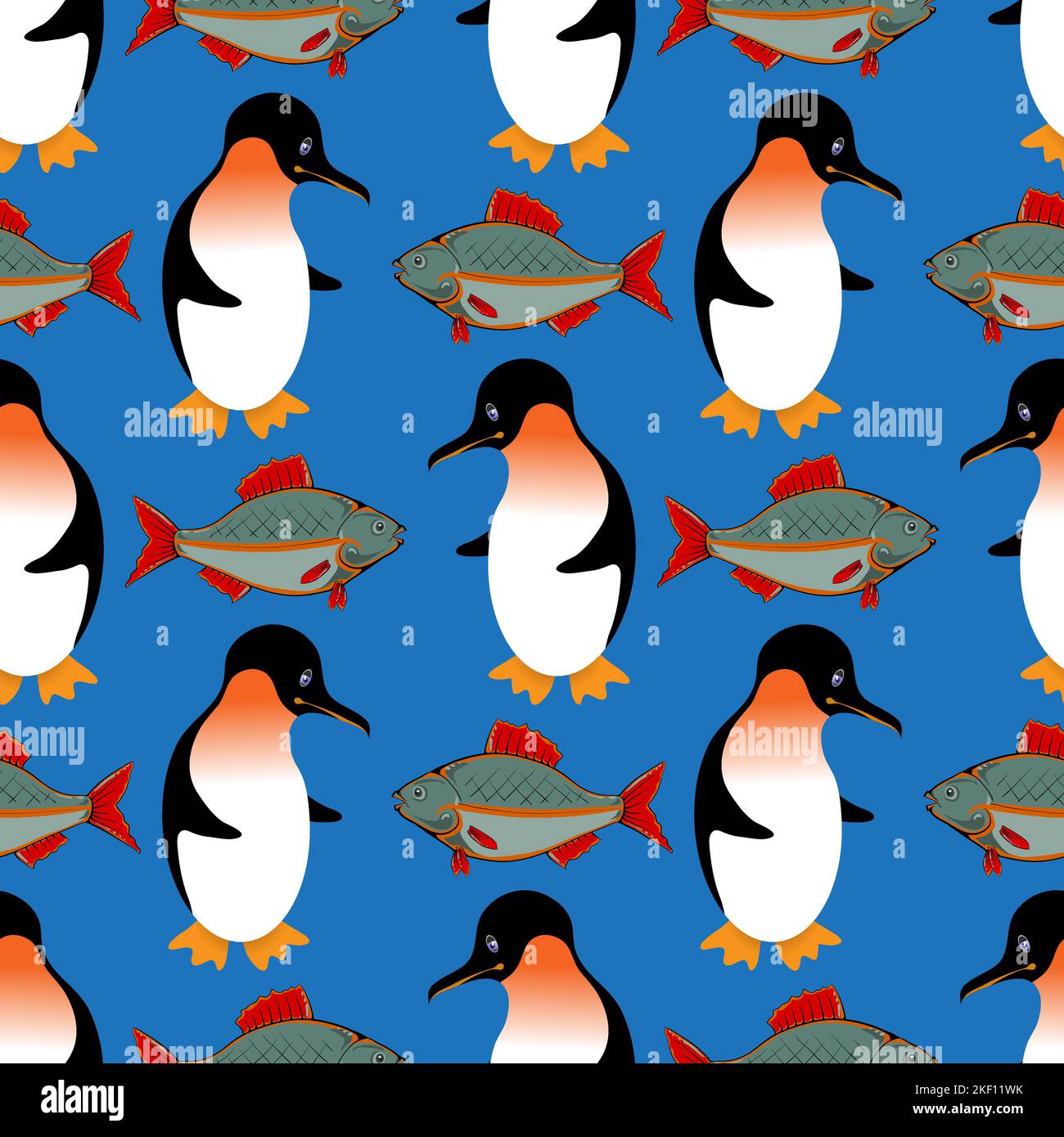 Pesca modello senza giunture. Pinguino con sfondo di pesce fresco. Paesaggio invernale sullo sfondo. Divertente struttura polare invernale Illustrazione Vettoriale