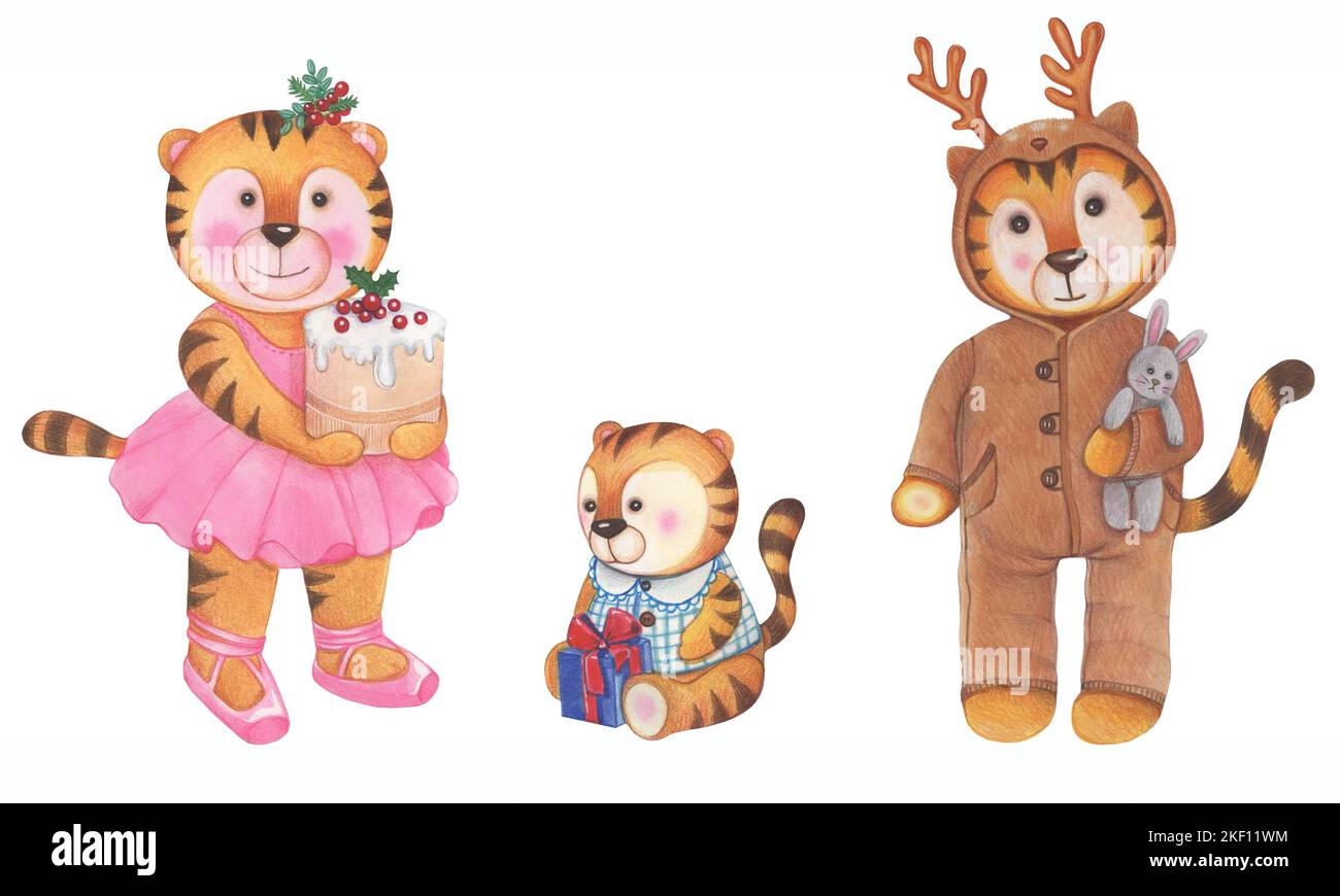 Carino Cartoon tigri di Natale. Albero di Natale, regali - acquerello illustrazioni collezione. Il simbolo del nuovo anno del calendario cinese. Foto Stock