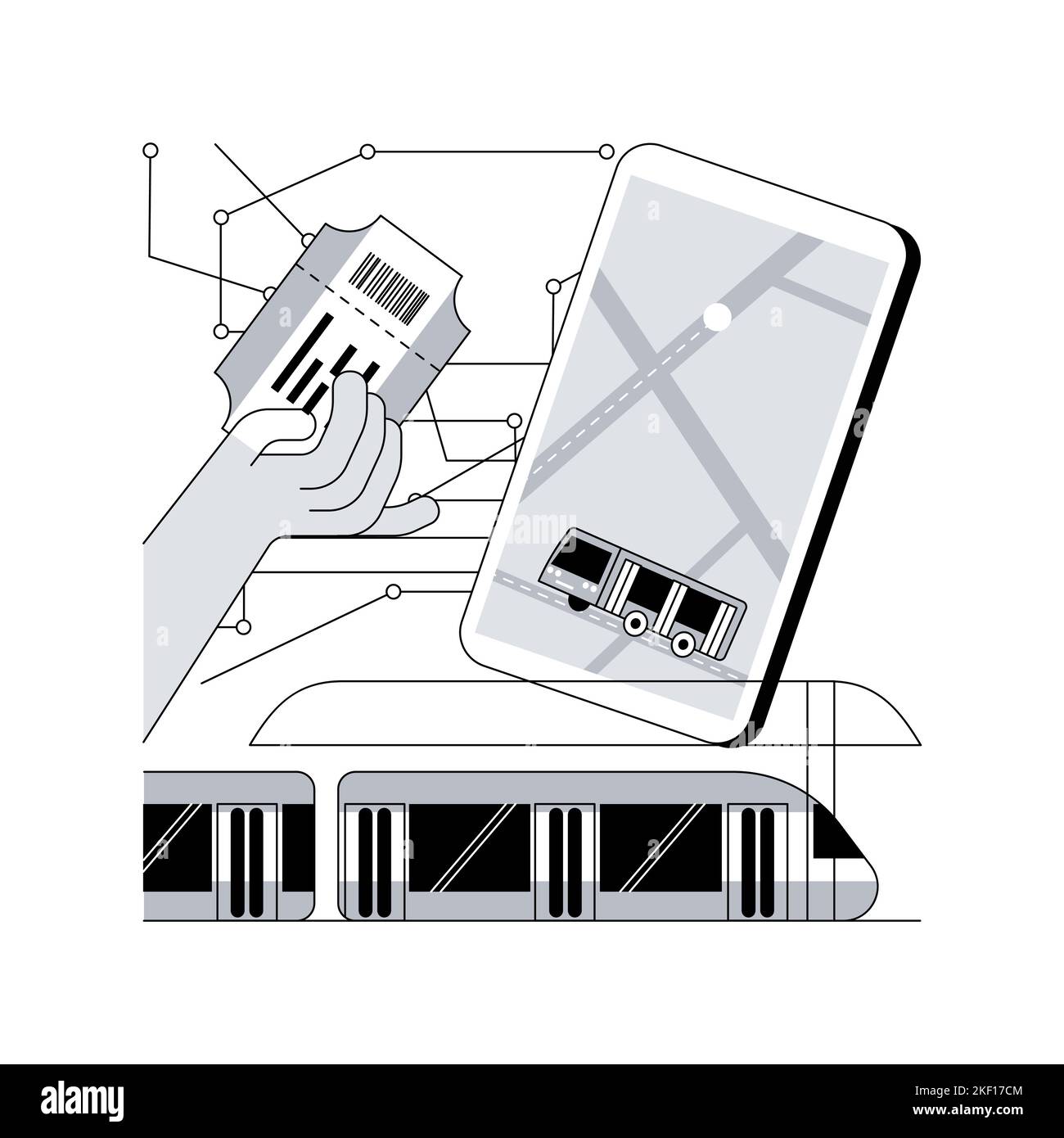 Illustrazione vettoriale del concetto astratto del trasporto regionale. Pass passeggeri, logistica regionale, biglietteria, autobus pubblici, stazione ferroviaria, rete dei trasporti, metafora astratta del servizio municipale. Illustrazione Vettoriale