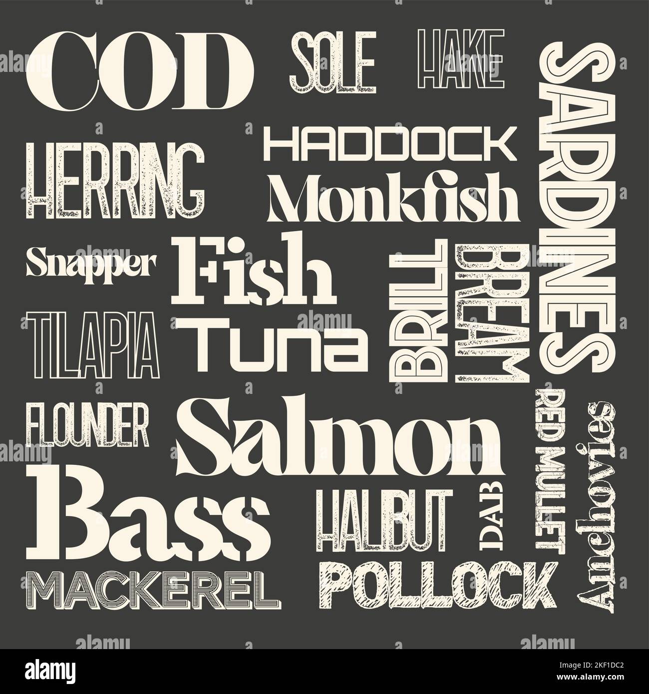 Tipi di Fish Word Cloud sullo sfondo di una lavagna. Illustrazione Vettoriale