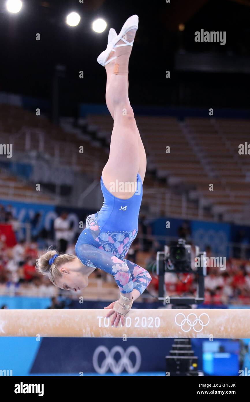 03rd AGOSTO 2021 - TOKYO, GIAPPONE: Ellie BLACK of Canada si esibisce al raggio di equilibrio femminile durante le finali degli apparati di ginnastica artistica ai Giochi Olimpici di Tokyo 2020 (Foto di Mickael Chavet/RX) Foto Stock