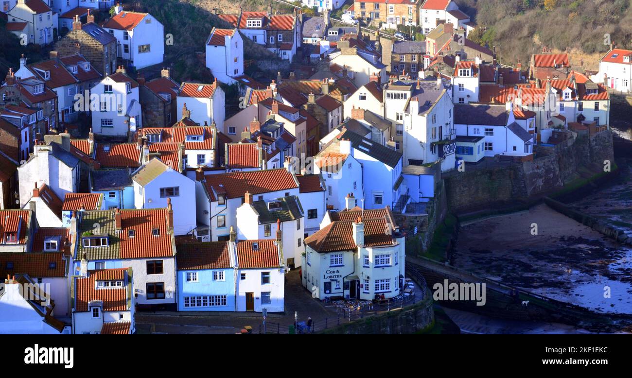 Vista dall'alto dei cottage affollati nello storico villaggio di pescatori di Staithes, North Yorkshire, Regno Unito. Foto Stock