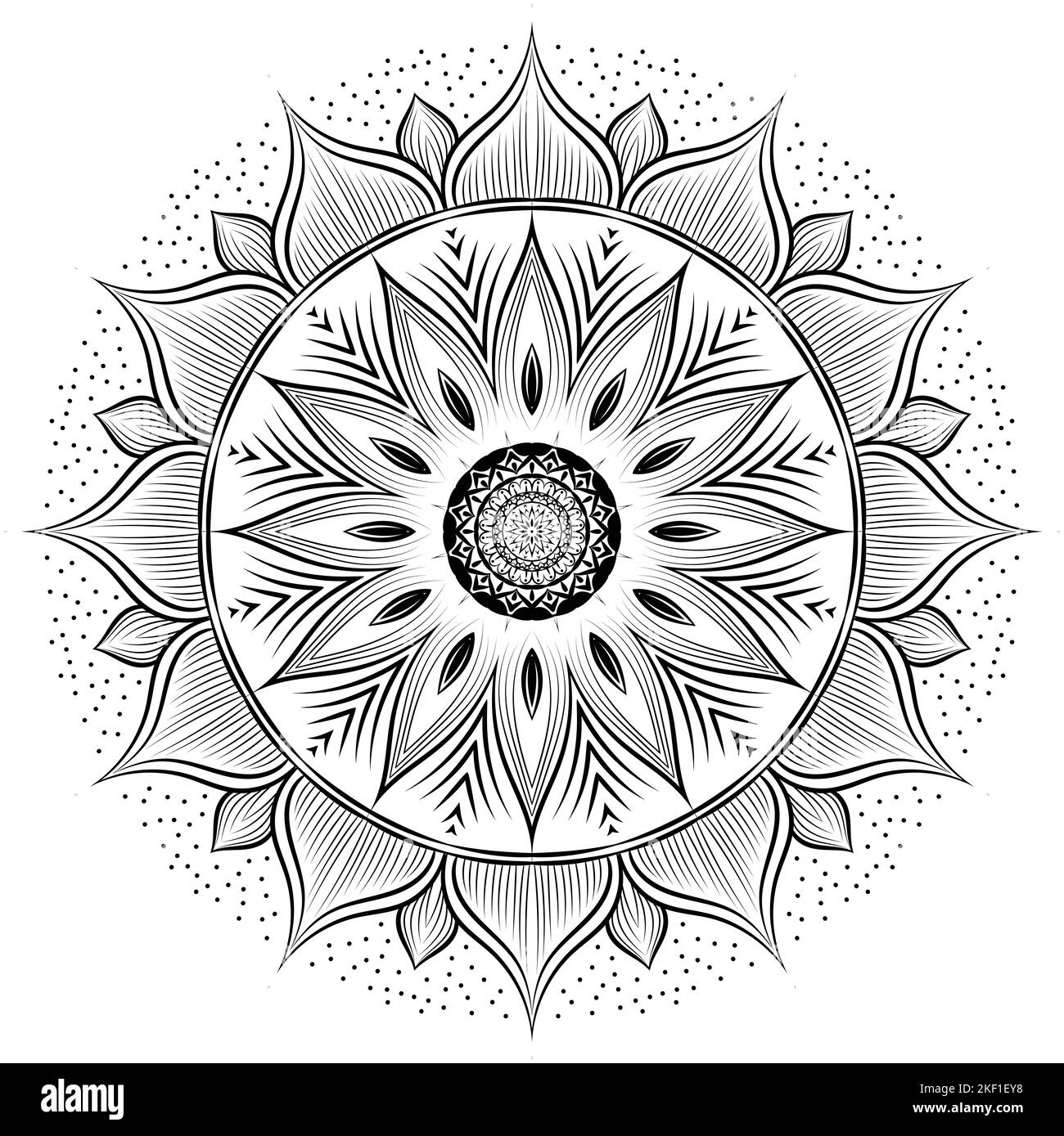 Disegno floreale mandala arte isolata su sfondo bianco, elementi decorativi per meditazione poster o banner, banner yoga, henné. Tatuaggio arte, Foto Stock