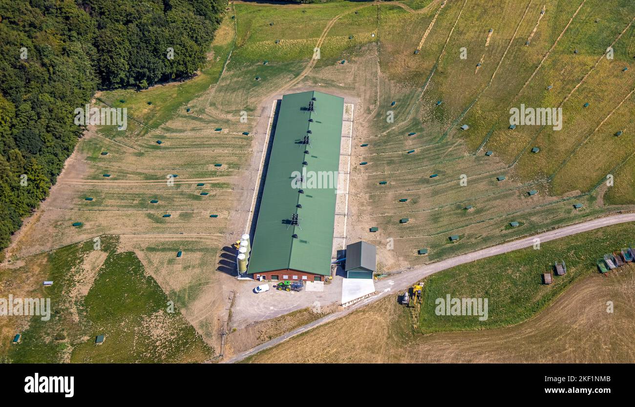 Veduta aerea, Bergerhof, fienile, Elfringhauser Schweiz, Oberstüter, Hattingen, zona della Ruhr, Renania settentrionale-Vestfalia, Germania, destinazione, DE, Europa, Gastr Foto Stock