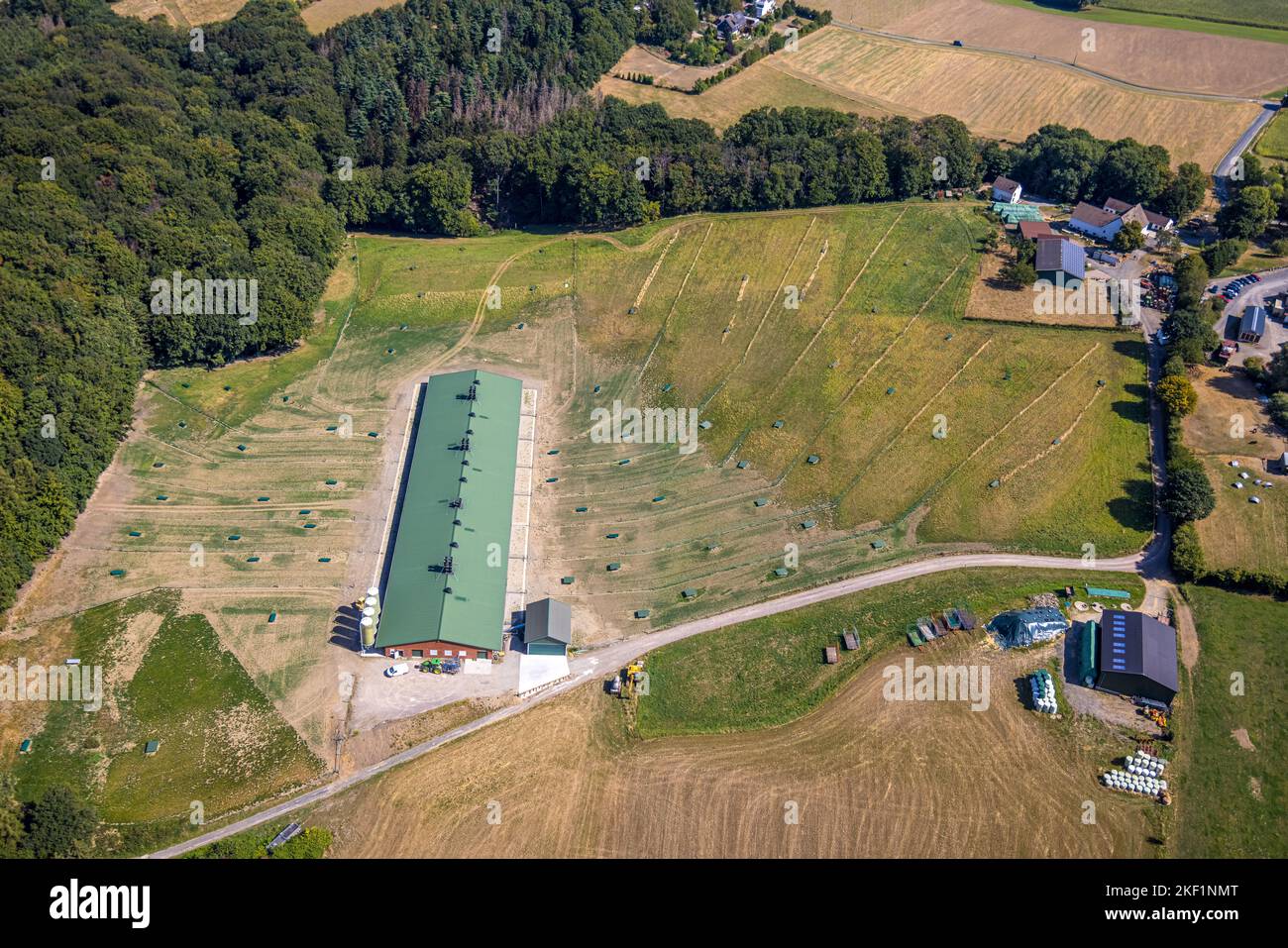 Veduta aerea, Bergerhof, fienile, Elfringhauser Schweiz, Oberstüter, Hattingen, zona della Ruhr, Renania settentrionale-Vestfalia, Germania, destinazione, DE, Europa, Gastr Foto Stock