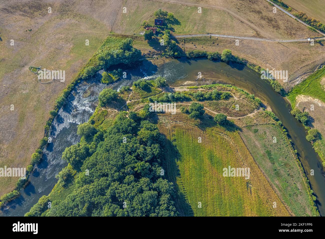 Vista aerea, fiume Lippe meandro, Lippe loop, fiume e sviluppo di pianura alluvionale del Lippe Vogelsang, rinaturazione, letto scorrevole, limiti della città Olfen-da Foto Stock