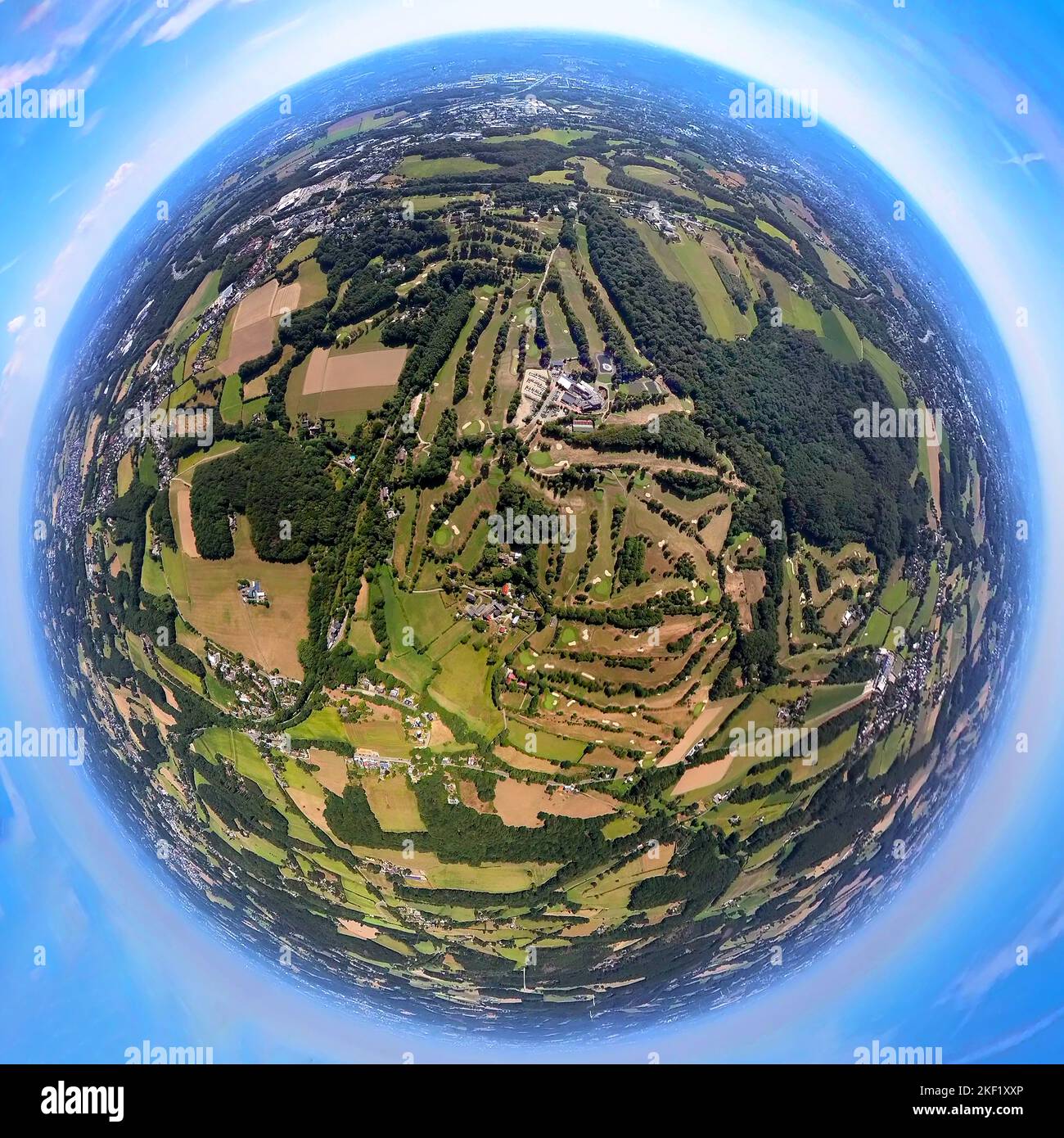 Veduta aerea, campo da golf Golfclub Felderbach Sprockhövel, Golfhotel Vesper, colpo di fisheye, colpo di occhio di pesce, colpo di 360 gradi, Gennebreck, Sprockhövel, Ruh Foto Stock