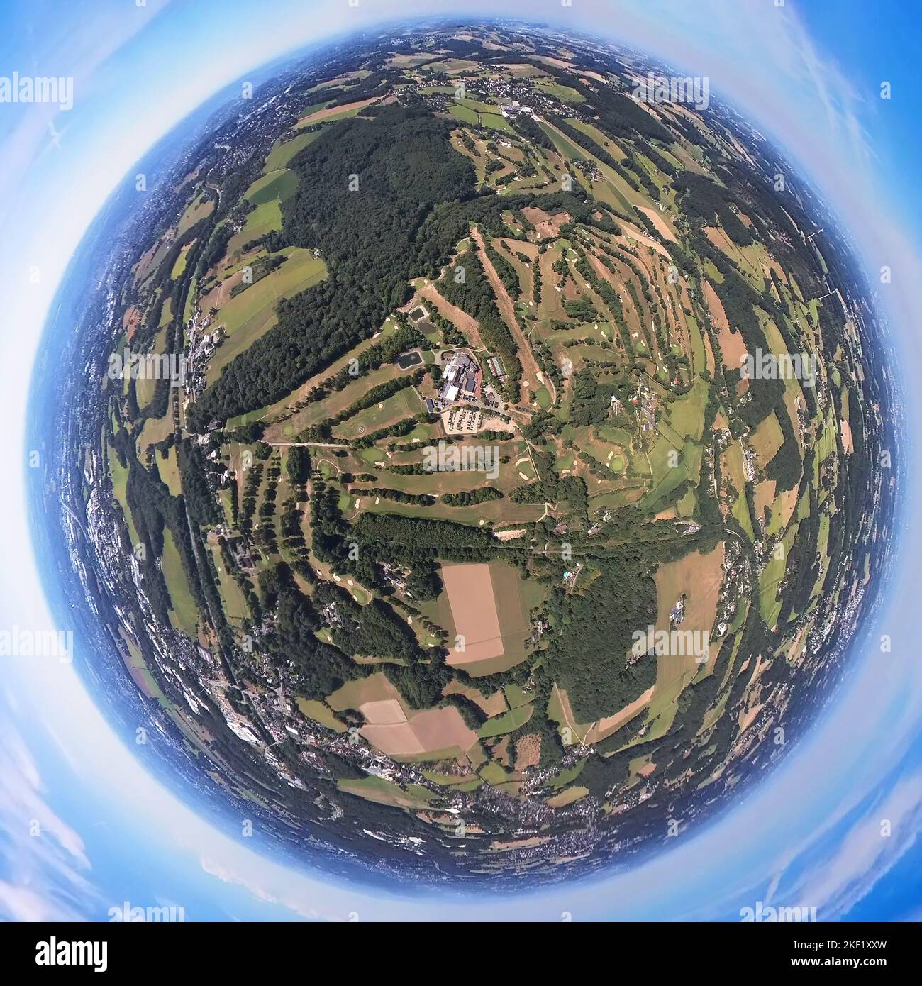 Veduta aerea, campo da golf Golfclub Felderbach Sprockhövel, Golfhotel Vesper, colpo di fisheye, colpo di occhio di pesce, colpo di 360 gradi, Gennebreck, Sprockhövel, Ruh Foto Stock