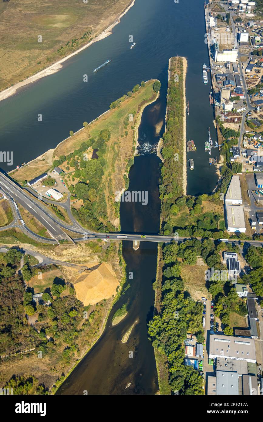 Veduta aerea, zona estuario di Lippe, foce del fiume Lippe nel fiume Reno, navigazione interna, ponte sul Reno inferiore Wesel, Wesel, zona della Ruhr, Reno settentrionale-Wes Foto Stock