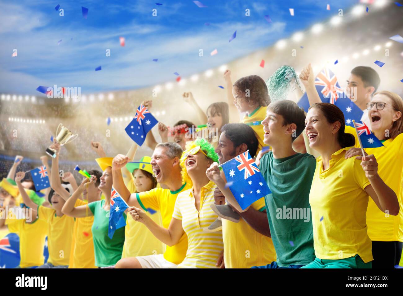 Tifosi australiani allo stadio. Sostenitori australiani. Tifosi per il calcio australiano o la vittoria della squadra di cricket. Partita di calcio sul campo all'aperto. Foto Stock