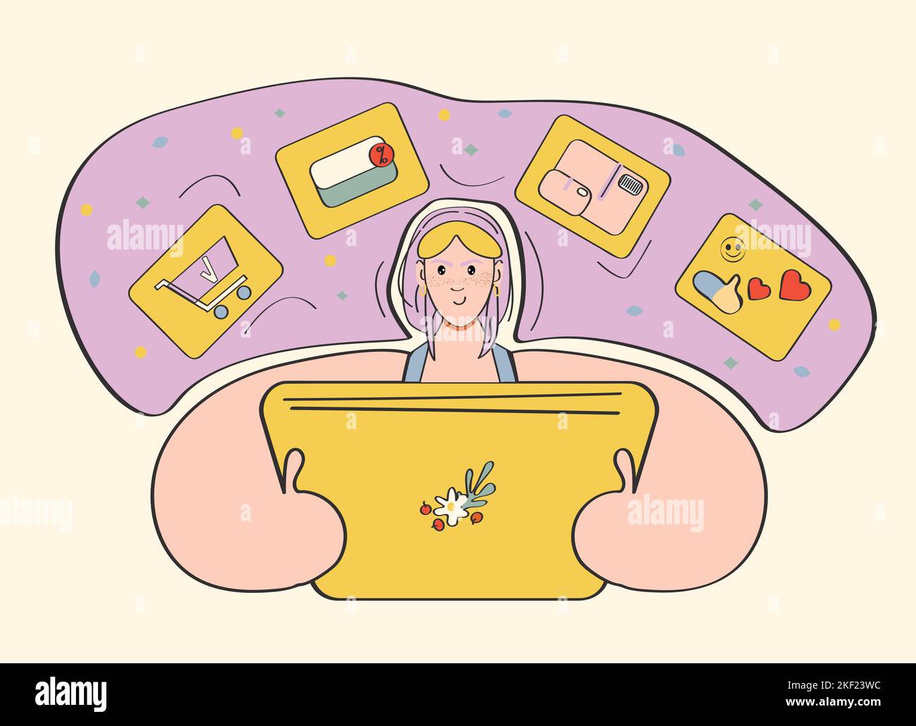 Illustrazione carina del luogo in linea di ordinazione. Una ragazza con un laptop dorato Illustrazione Vettoriale