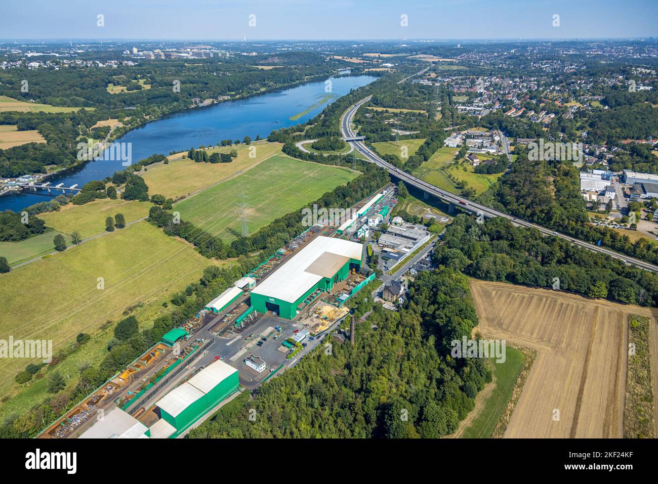 Vista aerea, lago Kemnader, superstrada A43 e distributore di rottami Bötzel presso Wittener Street, Buchholz, Witten, Ruhr, Renania settentrionale-Vestfalia, Germania, alta Foto Stock