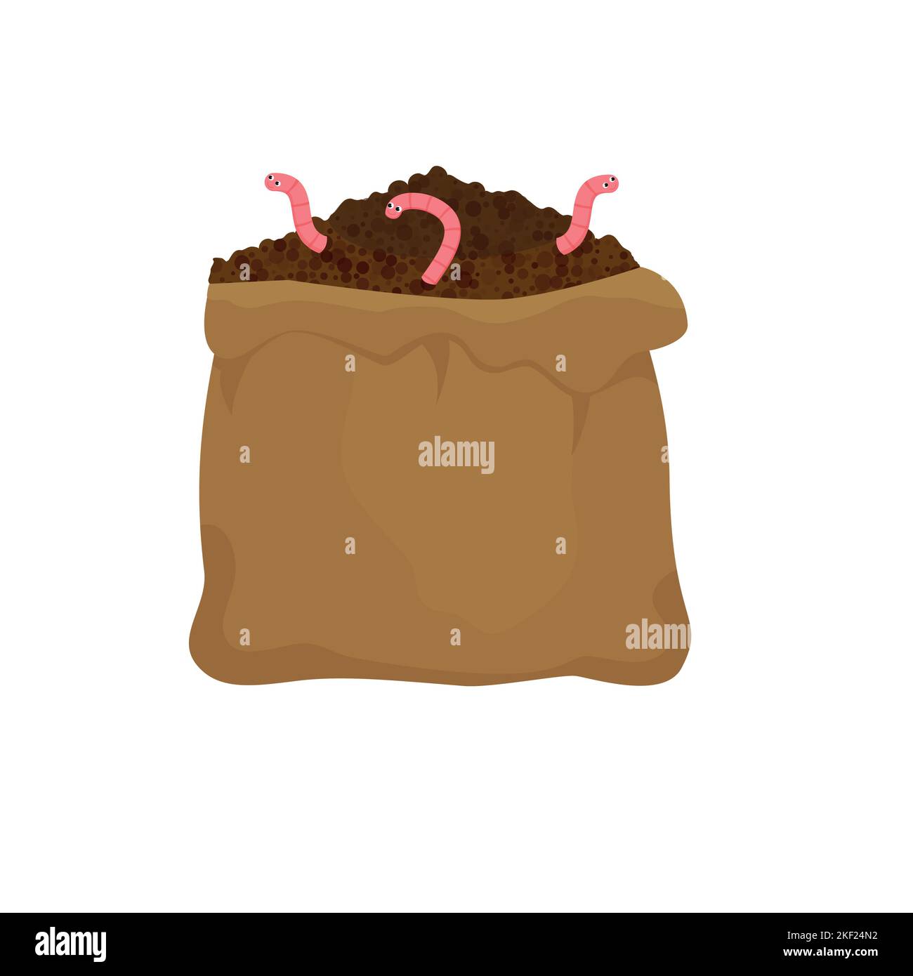 Cumulo di terra con vermi e sacco di tela per l'illustrazione di suolo, fertilizzante organico, compost, agricoltura. Tema zero sprechi. Icona piatta colorata, carrello Illustrazione Vettoriale