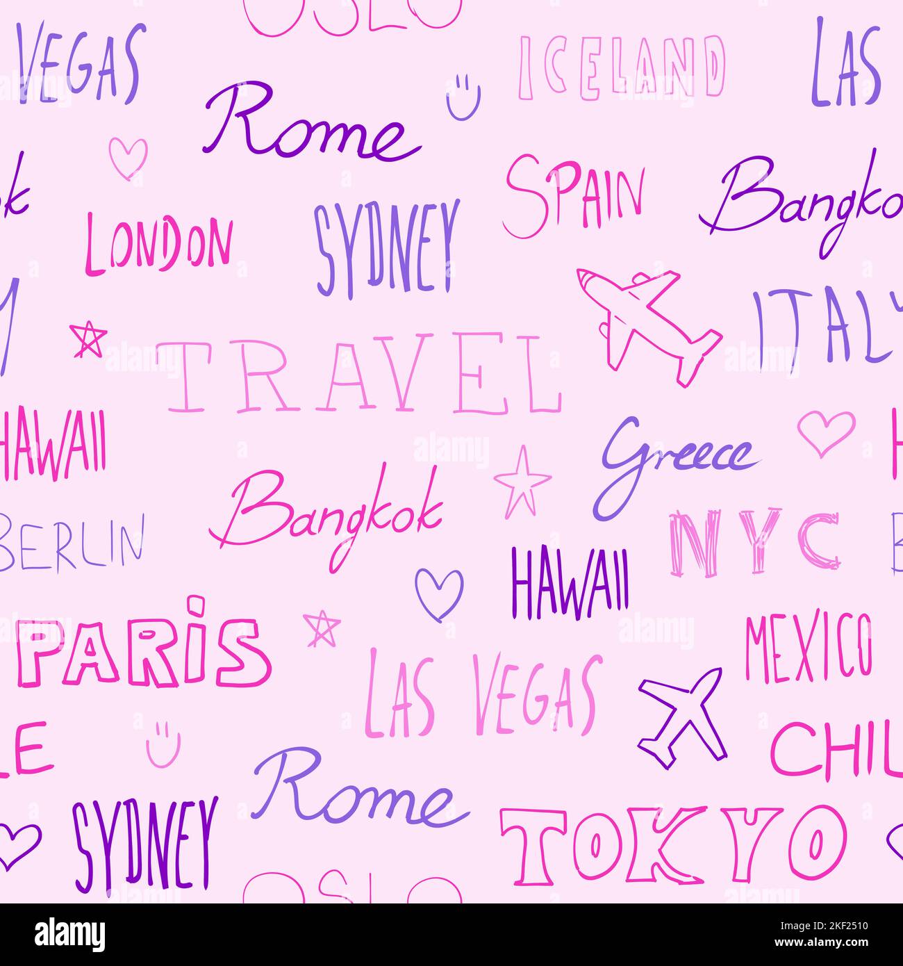 Sfondo del viaggio. Nomi delle città e destinazioni di viaggio. Testo Word doodle senza cuciture motivo rosa. Illustrazione Vettoriale