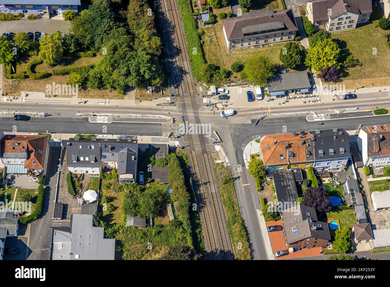 Veduta aerea, cantiere e riqualificazione di Pferdebachstraße con passaggio a livello di Ziegelstraße, Witten, Ruhr, Renania settentrionale-Vestfalia, Germ Foto Stock