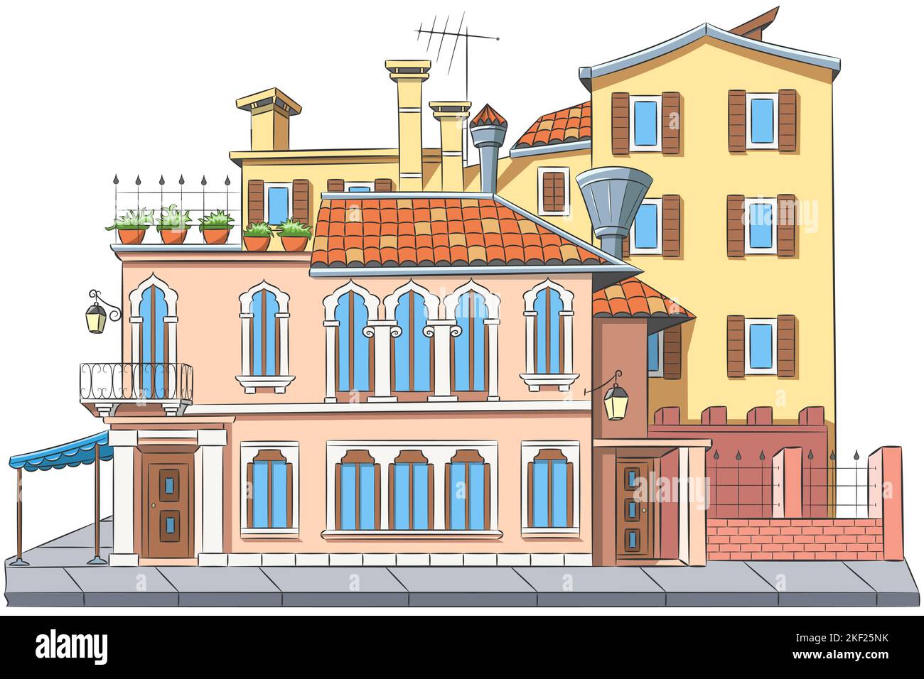 Facciate multicolore di vecchie case tradizionali colorate isolate su sfondo bianco. Venezia. Italia. Illustrazione vettoriale. Illustrazione Vettoriale