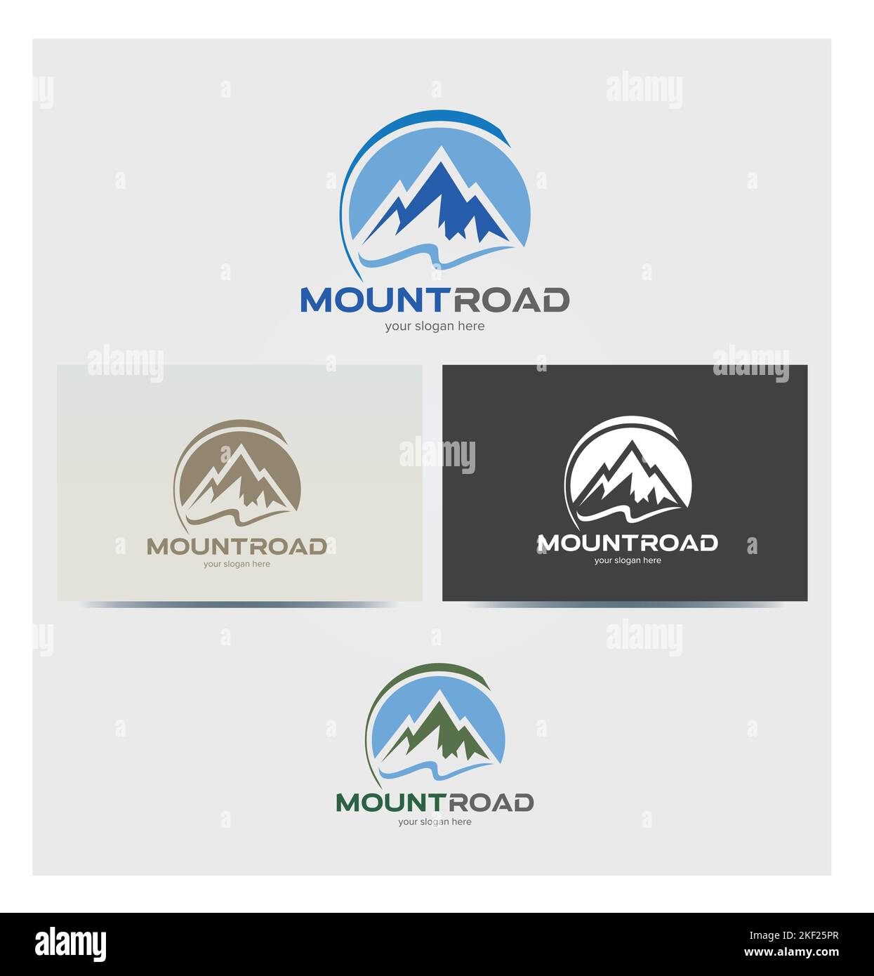 Mountain Road Logo, icona, Logo per le aziende, Card Mock up in diversi colori, Blu, cerchio, Wave, Peak Illustrazione Vettoriale