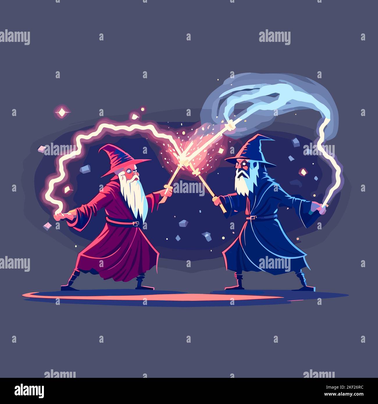 Un vettore di due maghi che si combattono con incantesimi Illustrazione Vettoriale
