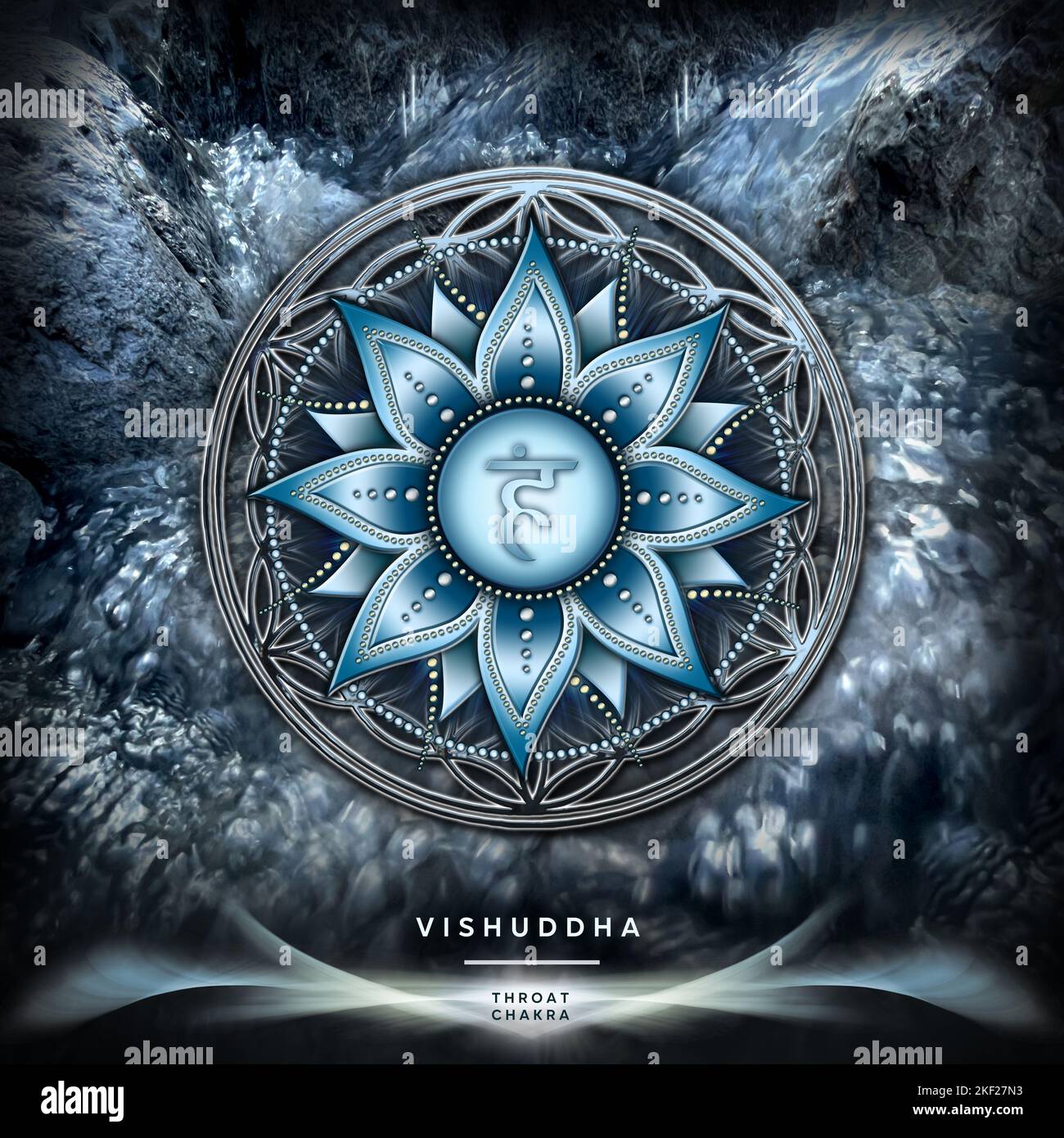 GOLA CHAKRA (5. Chakra, Vishuddha) su sfondo mistico Fiore della vita. Significa: Comunicazione, espressione, creatività, ispirazione. Affirma Foto Stock