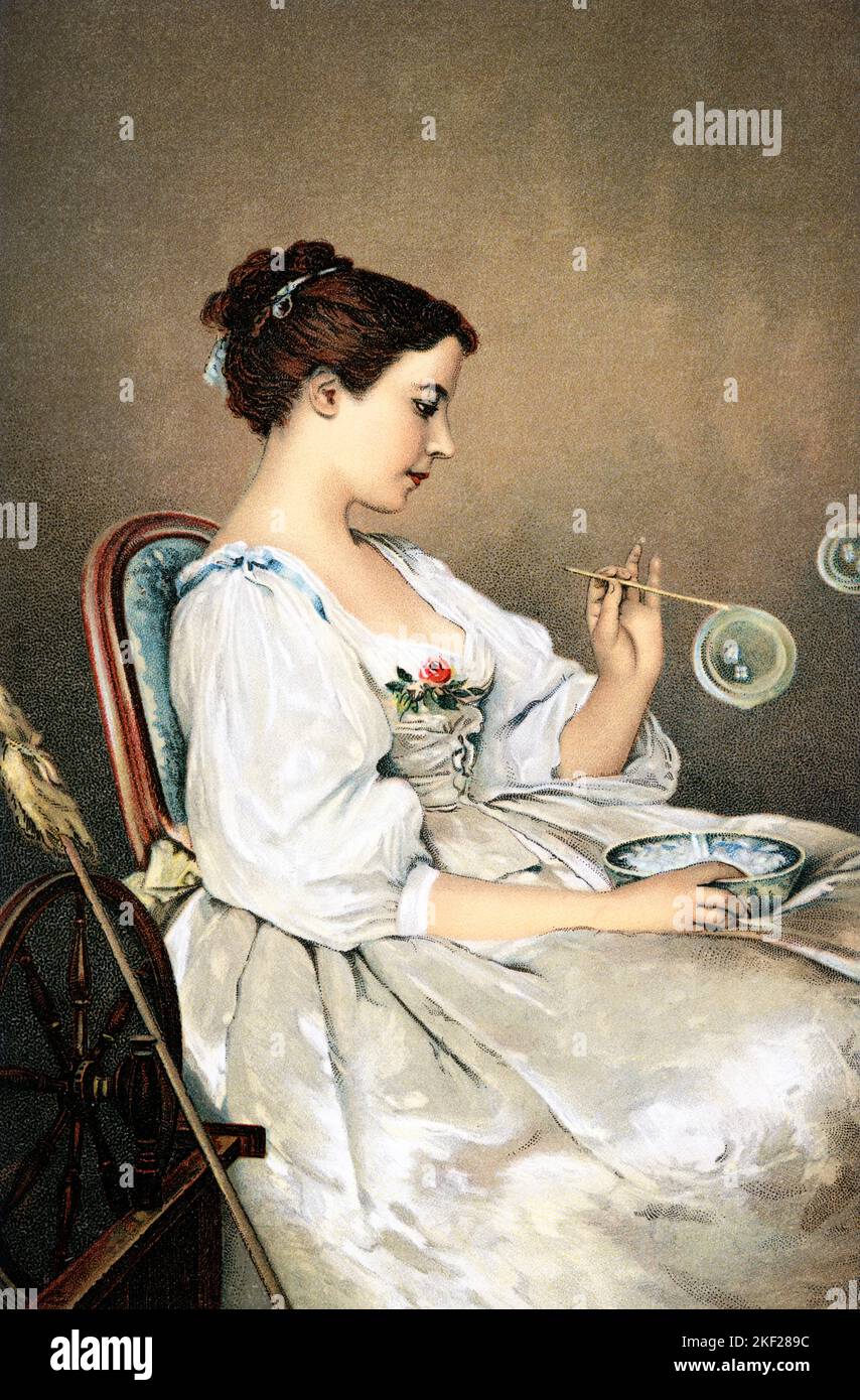 1860S LES BULLES DE SAVON SOAP BOLLE DONNA SOFFIARE BOLLE DI CHARLES JOSHUA CHAPLIN PITTORE FRANCESE - KA9397 HAR001 HARS 1860S DERIVATO CARTOLINA ELEGANTE CHAPLIN CHARLES RILASSAMENTO GIOVANE DONNA ADULTA CAUCASICA ETNIA HAR001 JOSHUA VECCHIO STILE Foto Stock