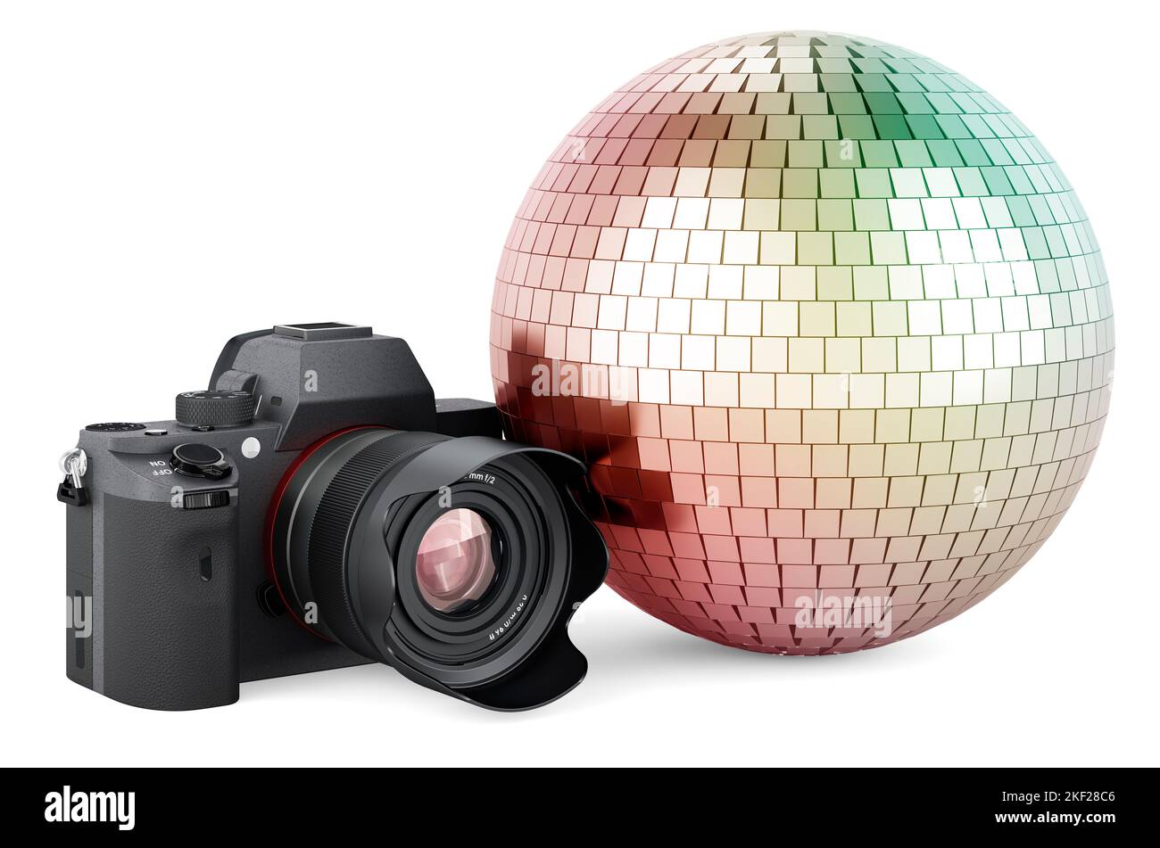 Fotocamera digitale con sfera disco a specchio, rendering 3D isolato su sfondo bianco Foto Stock