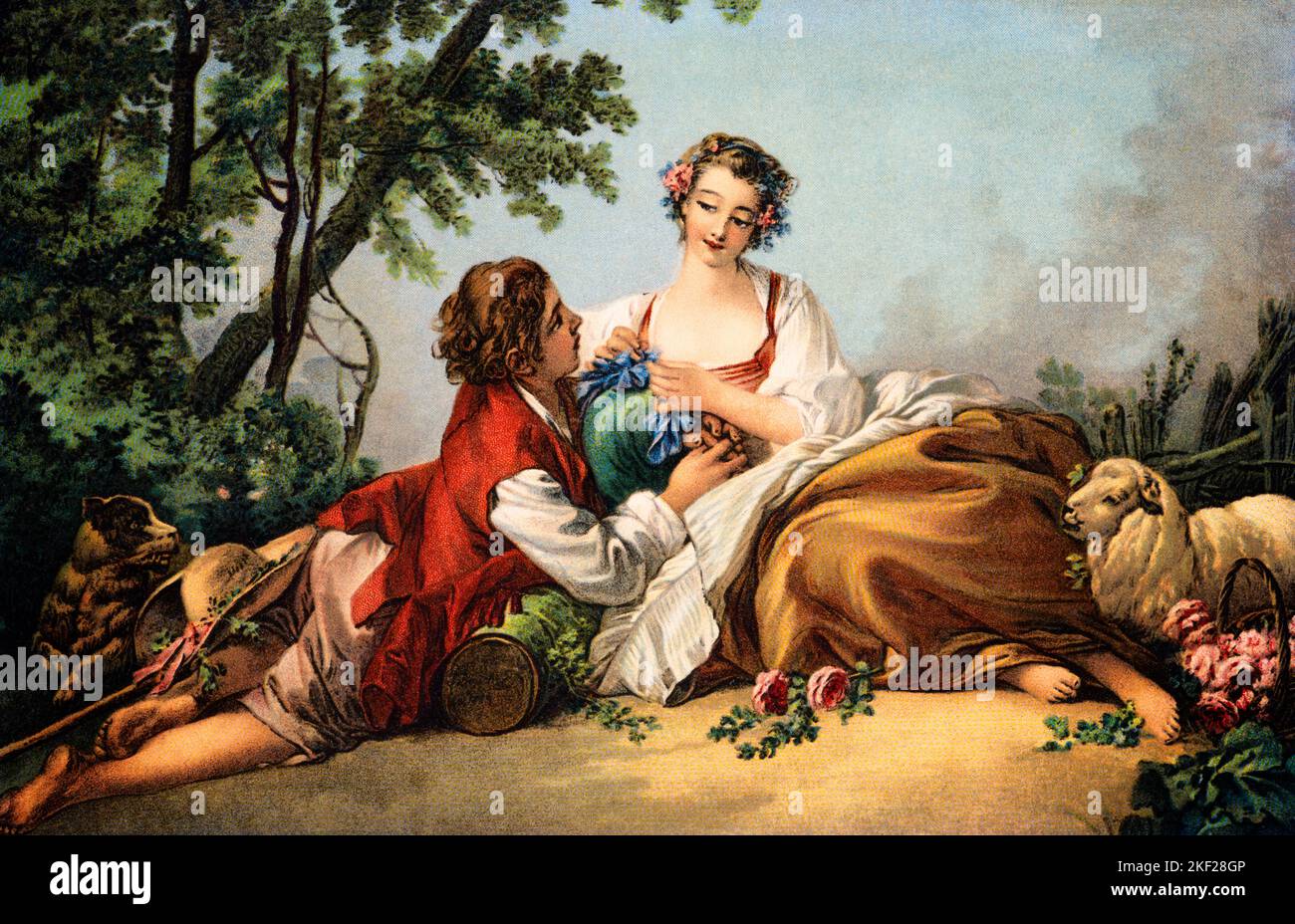 1750S PASTORE & IL COLLEZIONISTA DI FIORI DI FRANCOIS BOUCHER RAFFIGURA UN INTERLUDIO ROMANTICO TRA IL PASTORE E UNA BELLA DONNA - KA9407 HAR001 HARS FULL-LENGTH SIGNORE PECORE PERSONE MASCHI CURA PASTORE TENTAZIONE FELICITÀ MAMMIFERI AVVENTURA RUSTICA E CANINE TEASE RELAZIONI POOCH COLLEZIONISTA DERIVATO CARTOLINA PECORA PASTORALE ATTACCAMENTO PERSONALE AFFETTO BUCOLICO CANINO EMOZIONE INTERLUDE MAMMIFERO GIOVANE UOMO ADULTO GIOVANE DONNA ADULTA & 1750S ETNIA CAUCASICA FRANCOIS HAR001 VECCHIO STILE Foto Stock