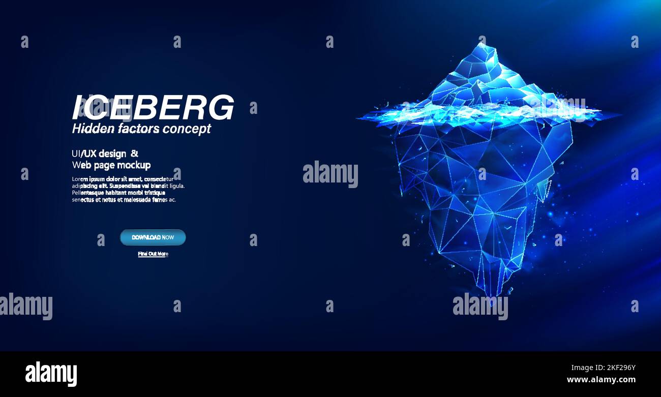 Iceberg poligonale 3D in stile futuristico con effetto luminoso e brillante Illustrazione Vettoriale
