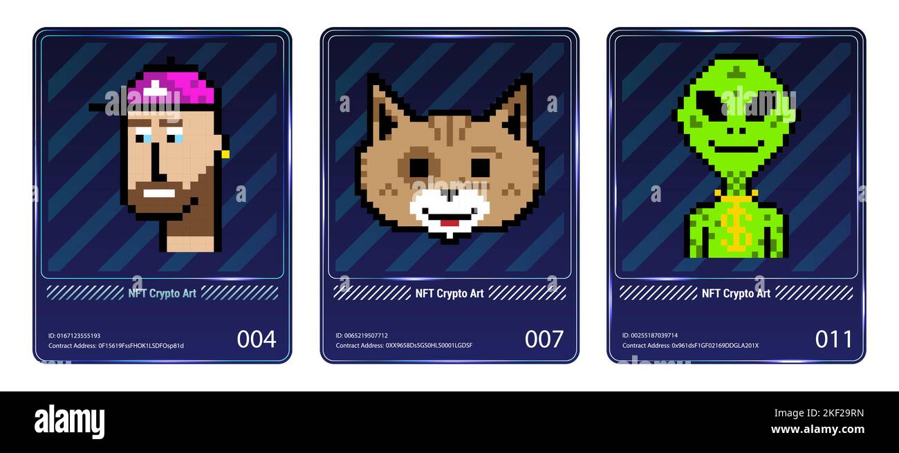 Pixel Arts NFT nella raccolta di carte. Banner token non-fungibile Illustrazione Vettoriale Pixel Arts NFT nella raccolta di carte. Banner token non-fungibile Illustrazione Vettoriale