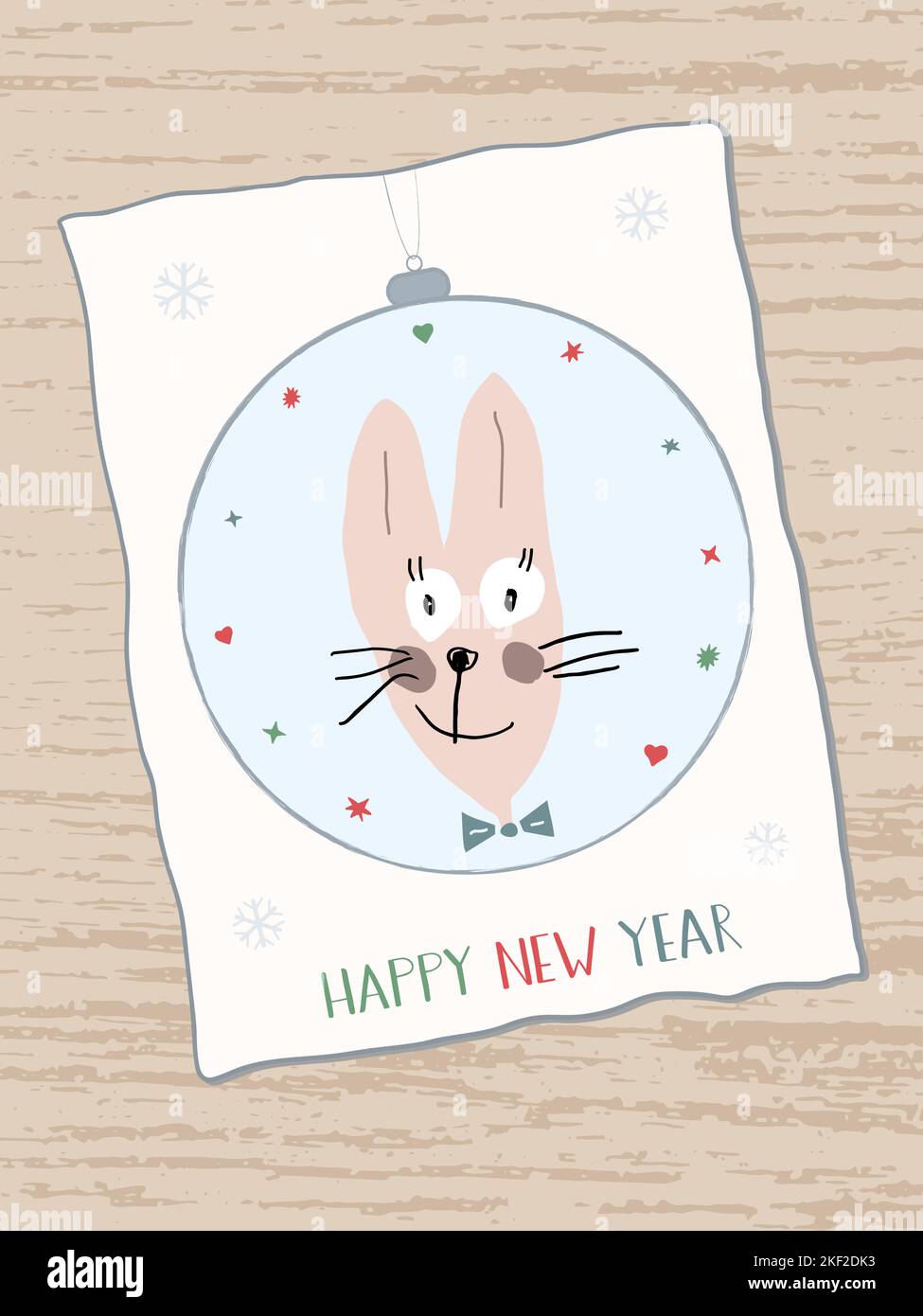 Coniglietto simpatico divertente disegnato a mano su una palla di Natale. Iscrizione manoscritta Felice Anno Nuovo. Anno del coniglio nel calendario cinese. Biglietto d'auguri. Illustrazione Vettoriale