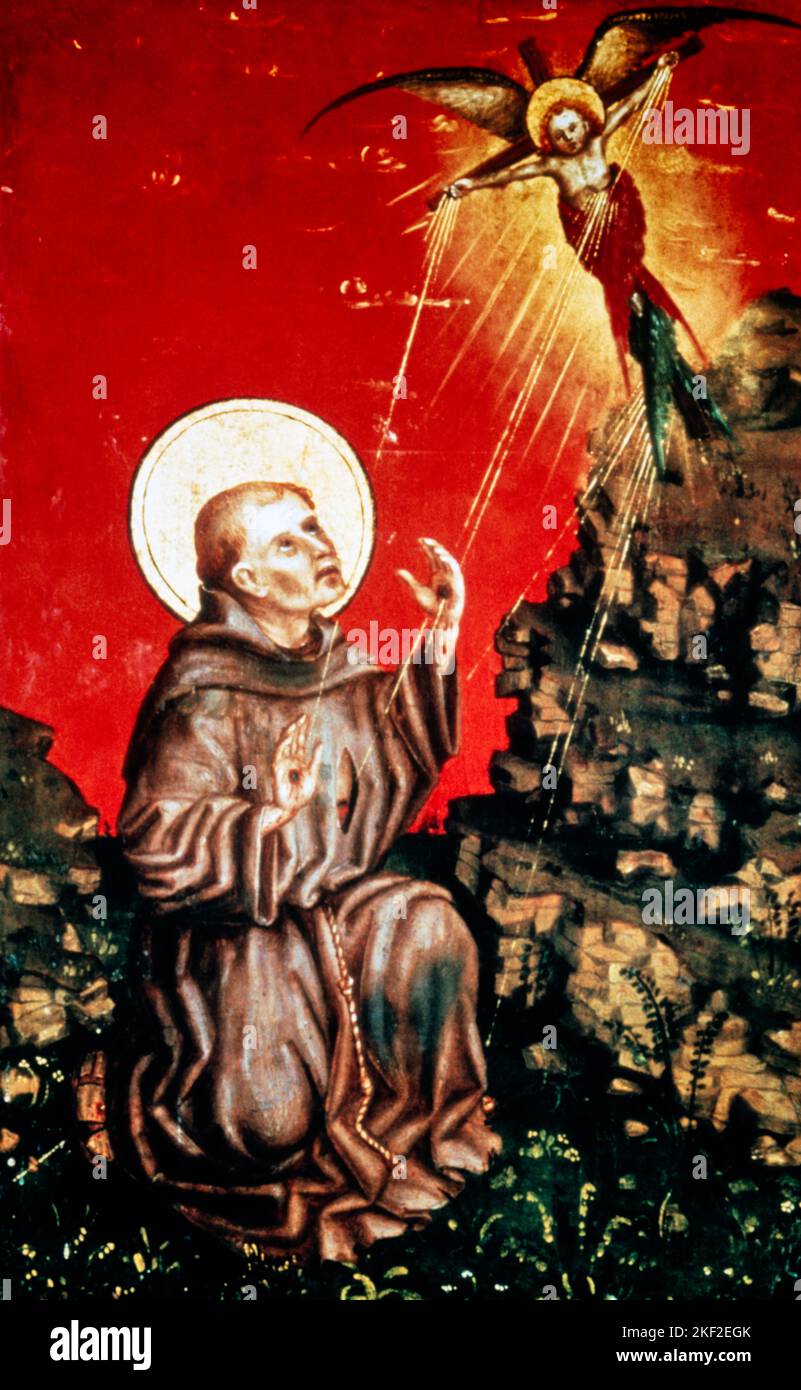1400S STIMMATE D'ARTE MEDIEVALE DI ST. FRANCIS DI STEFAN LOCHNER CIRCA 1410 - 1451 - KR61691 PHT001 HARS ASPETTO CROCIFISSIONE CONNESSIONE CONCETTUALE STILL LIFE MIRACOLO ST. FERITE FEDELI CIRCA FEDE POSIZIONI DI LISBONA MARCHIO MYSTIC PORTOGALLO SPIRITUALE FERMO VITA POLSI CREDENZA FONDATORE CATTOLICO FRANCESCO FRATE ISPIRATORE GESÙ CRISTO VECCHIO STILE Foto Stock