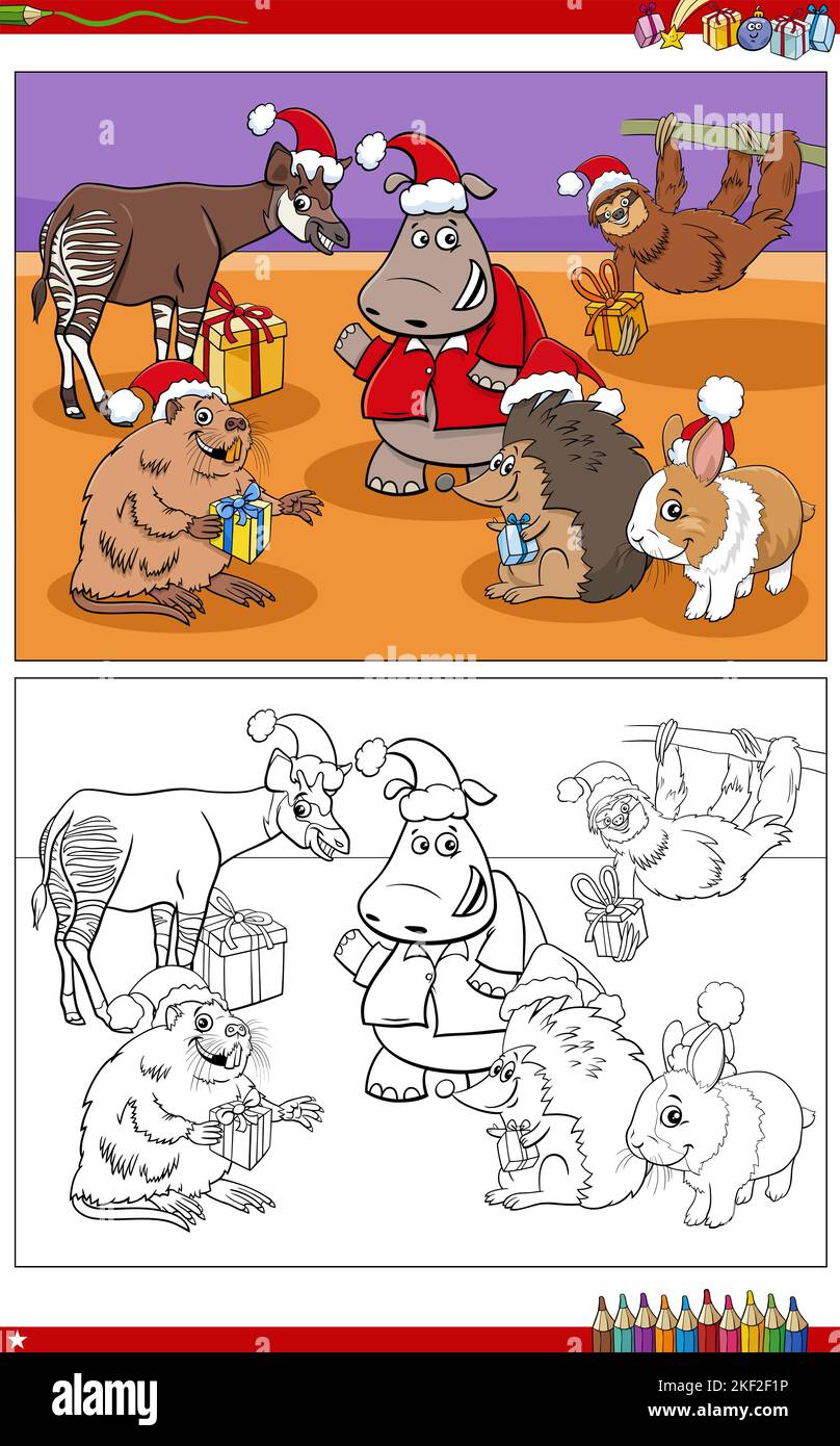 Cartoon illustrazione di personaggi animali divertenti con regali di Natale pagina da colorare Illustrazione Vettoriale