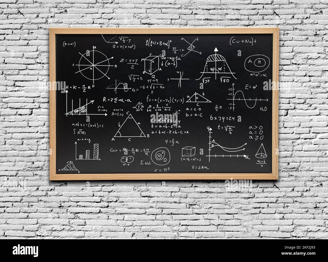 Equazioni matematiche scritte su una lavagna - matematica e concetti scientifici su sfondo bianco Foto Stock