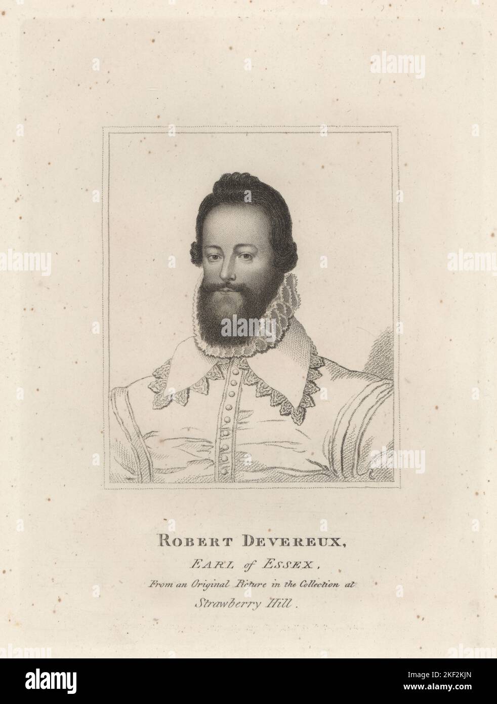 Robert Devereux, 2nd conte dell'Essex, soldato inglese e favorito della regina Elisabetta i, 1565-1601. Con barba, colletto in ruff e colletto in pizzo piatto sul doppietto. Da un ritratto in miniatura di Isaac Oliver nella collezione di Horace Walpole a Strawberry Hill. Incisione di copperplate dalla Galleria di Rare ritratti di Samuel Woodburn composta da lastre originali, George Jones, 102 St Martin’s Lane, Londra, 1816. Foto Stock