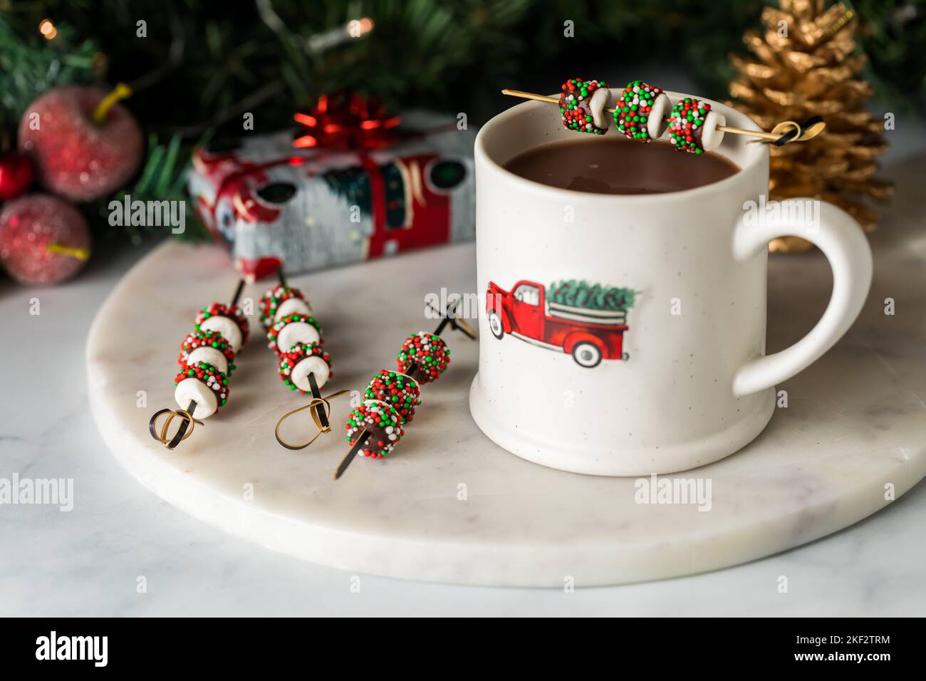 Una tazza di cioccolata calda guarnita con mini marshmallows ricoperti di cioccolato. Foto Stock