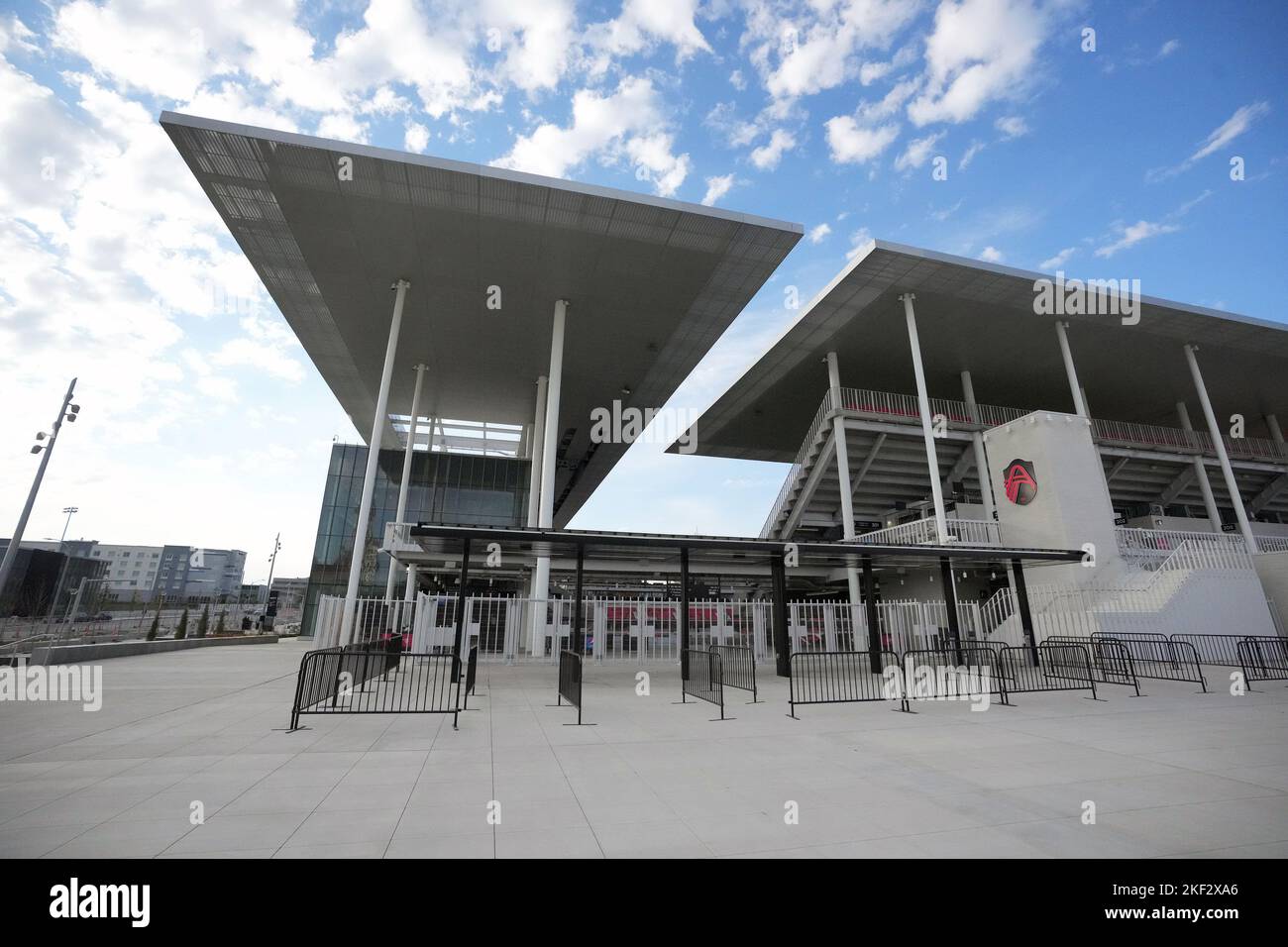 St. Louis, Stati Uniti. 14th Nov 2022. La sezione Plaza del nuovo Citypark Stadium è ora tranquilla a St. Louis, martedì 15 novembre 2022. St. Louis CITY SC presenterà in anteprima lo stadio più nuovo della Major League Soccer, Citypark, ospitando uno dei migliori club europei, Bayer 04 Leverkusen, per un amico internazionale tra CITY SC e Bayer 04 il 16 novembre 2022. Foto di Bill Greenblatt/UPI Credit: UPI/Alamy Live News Foto Stock