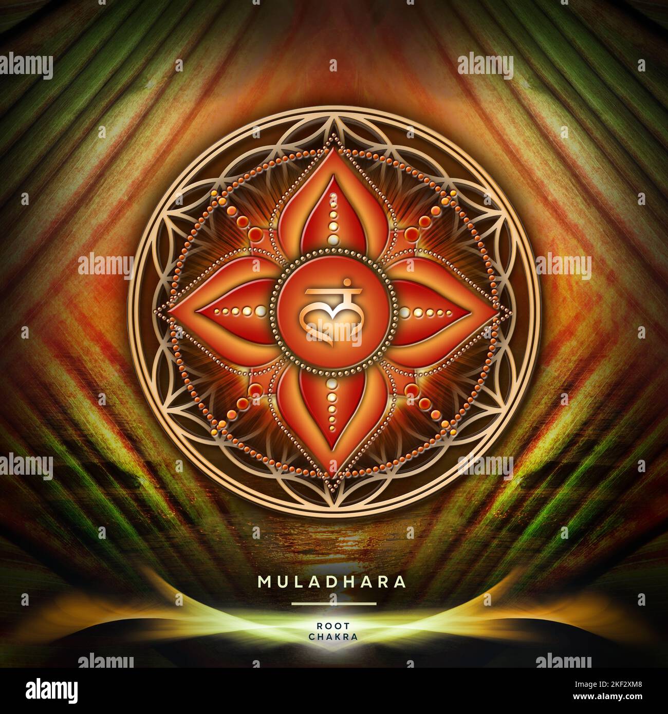 RADICE CHAKRA (1. Chakra, Muladhara) su sfondo mistico Fiore della vita. Significa: Energia, stabilità, comfort, sicurezza. Affermazione: 'Io sono') Foto Stock