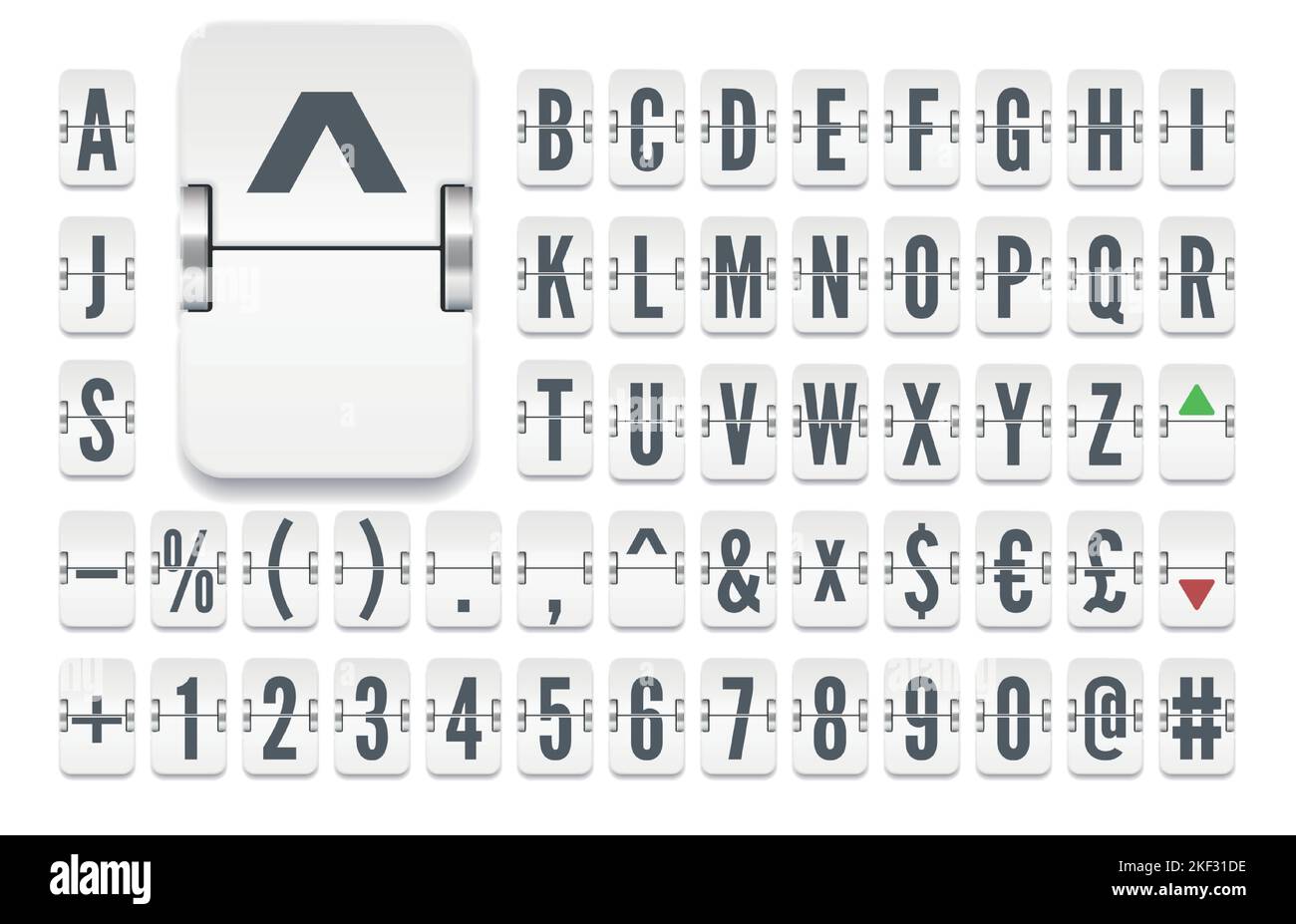 Bianco aeroporto flip board meccanico grassetto alfabeto con i numeri per le informazioni sui tassi di cambio delle azioni che mostra. Illustrazione vettoriale. Illustrazione Vettoriale