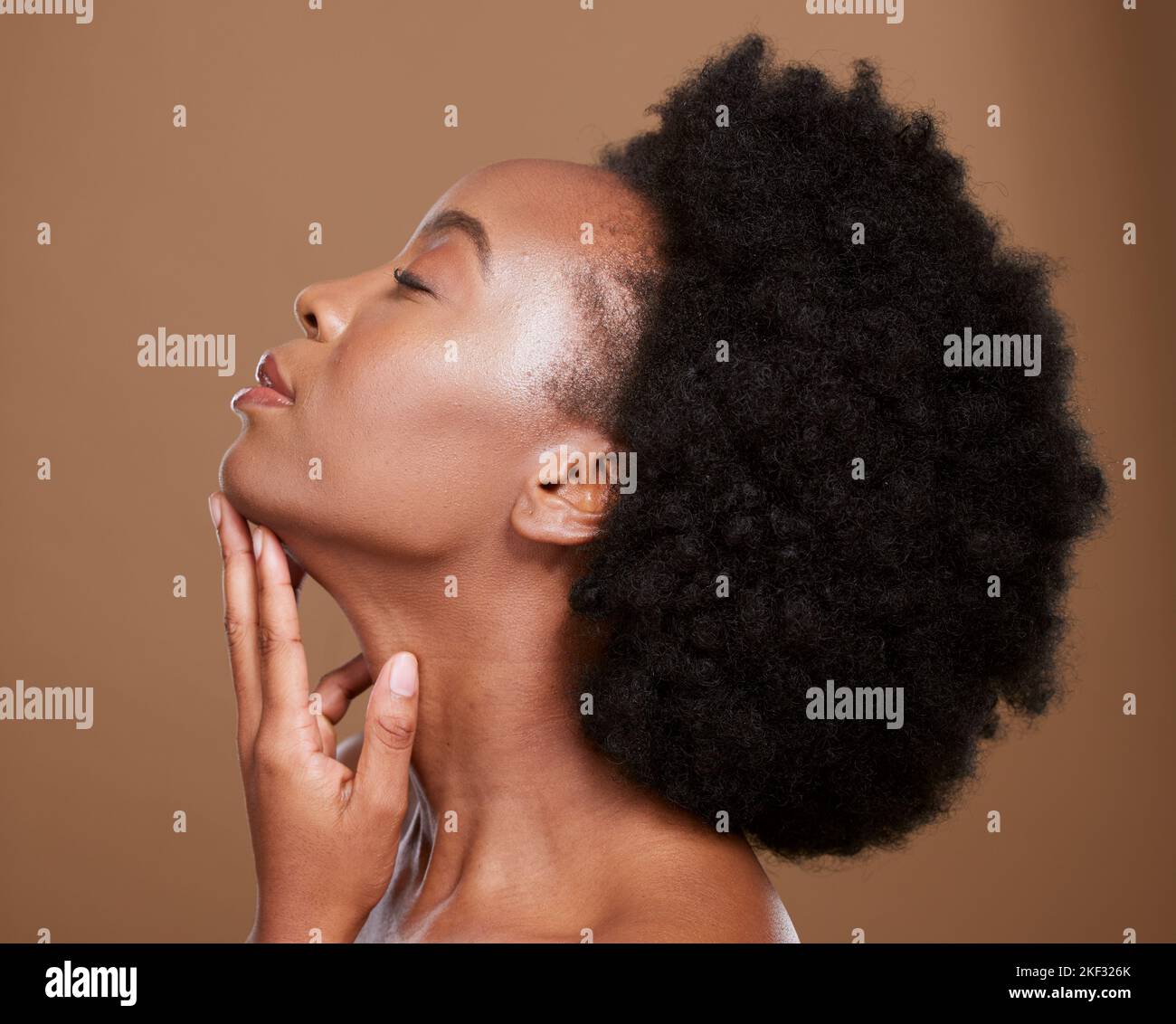 Donna nera afro, bellezza e cura dei capelli per salone, cura della pelle o cosmetici su uno sfondo marrone studio. Ragazza afro-americana in relax, benessere Foto Stock